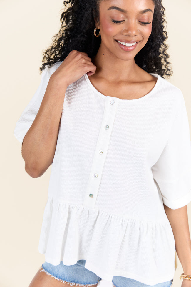 Caught In The Moment Ivory Textured Knit Henley Tee for Women | Soft Casual Long Sleeve Shirt | Perfect for Fall Layering and Everyday Wear