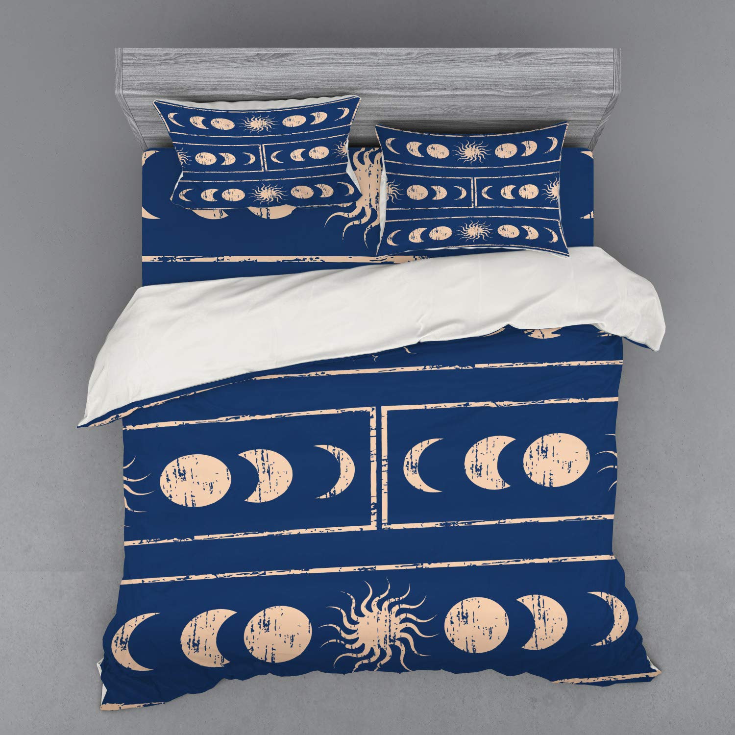 Ambesonne Geometry Duvet Cover Set - Grungy Planetary Sun Moon Phases Design, 4-Piece King Size Bedding Set with Shams & Fitted Sheet in Violet Blue Beige | Perfect for Boho Bedroom Decor & Celestial Theme Rooms