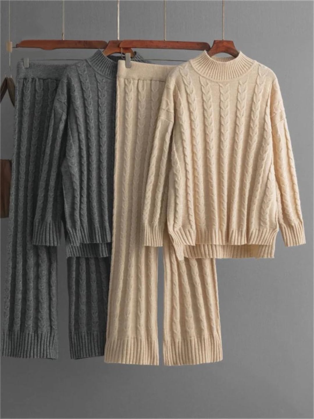 Women's 2-Piece Sweater Set - Half High Neck Loose Top & High Waist Wide Leg Pants | Casual Winter Outfit for Work, Date Night & Holiday Gatherings