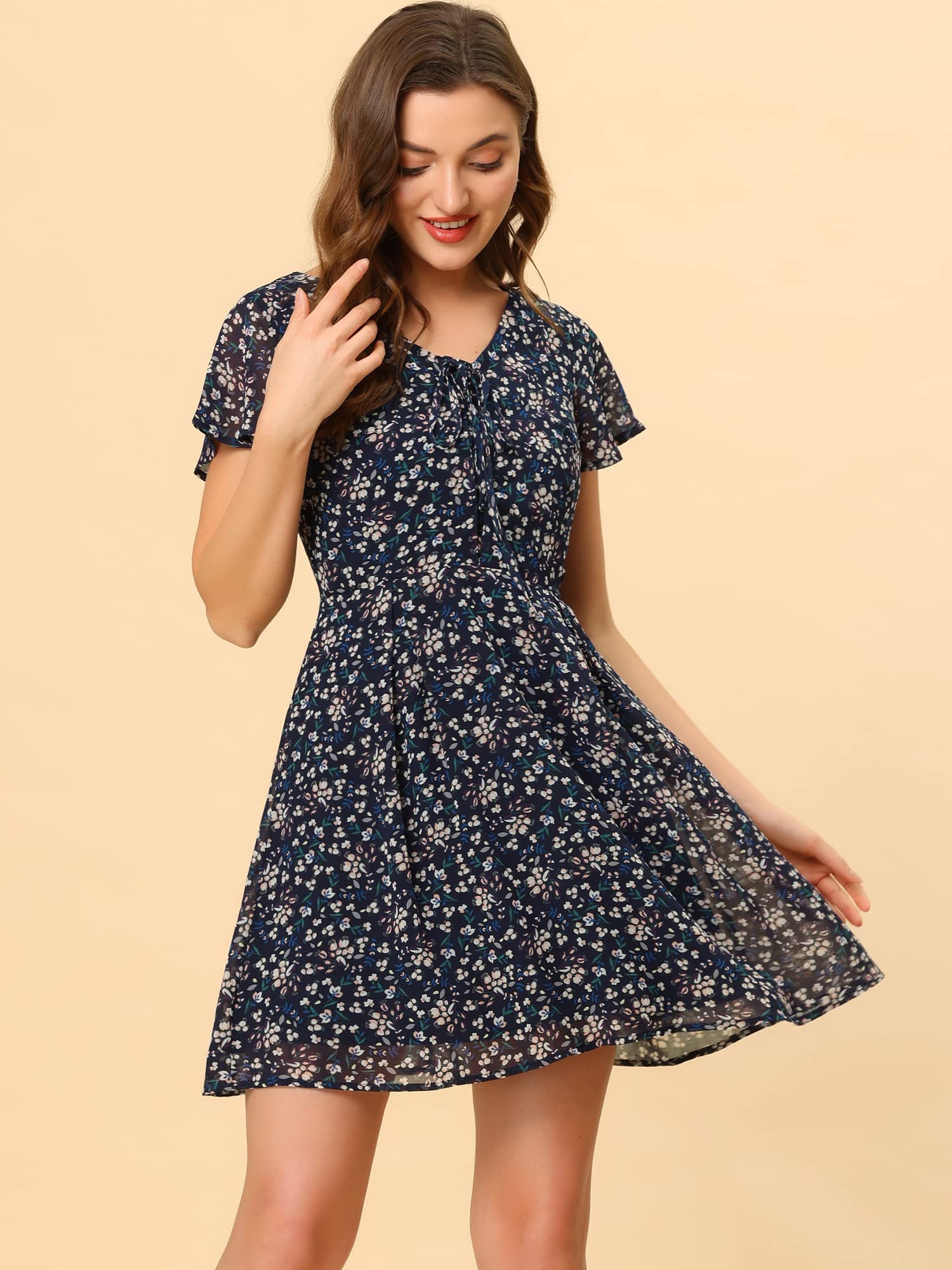 Allegra K Women's Floral Print Summer Dress - Short Sleeve V-Neck Lace-Up Chiffon Flare Dress for Spring & Summer | Perfect for Beach Vacations, Date Nights & Garden Parties