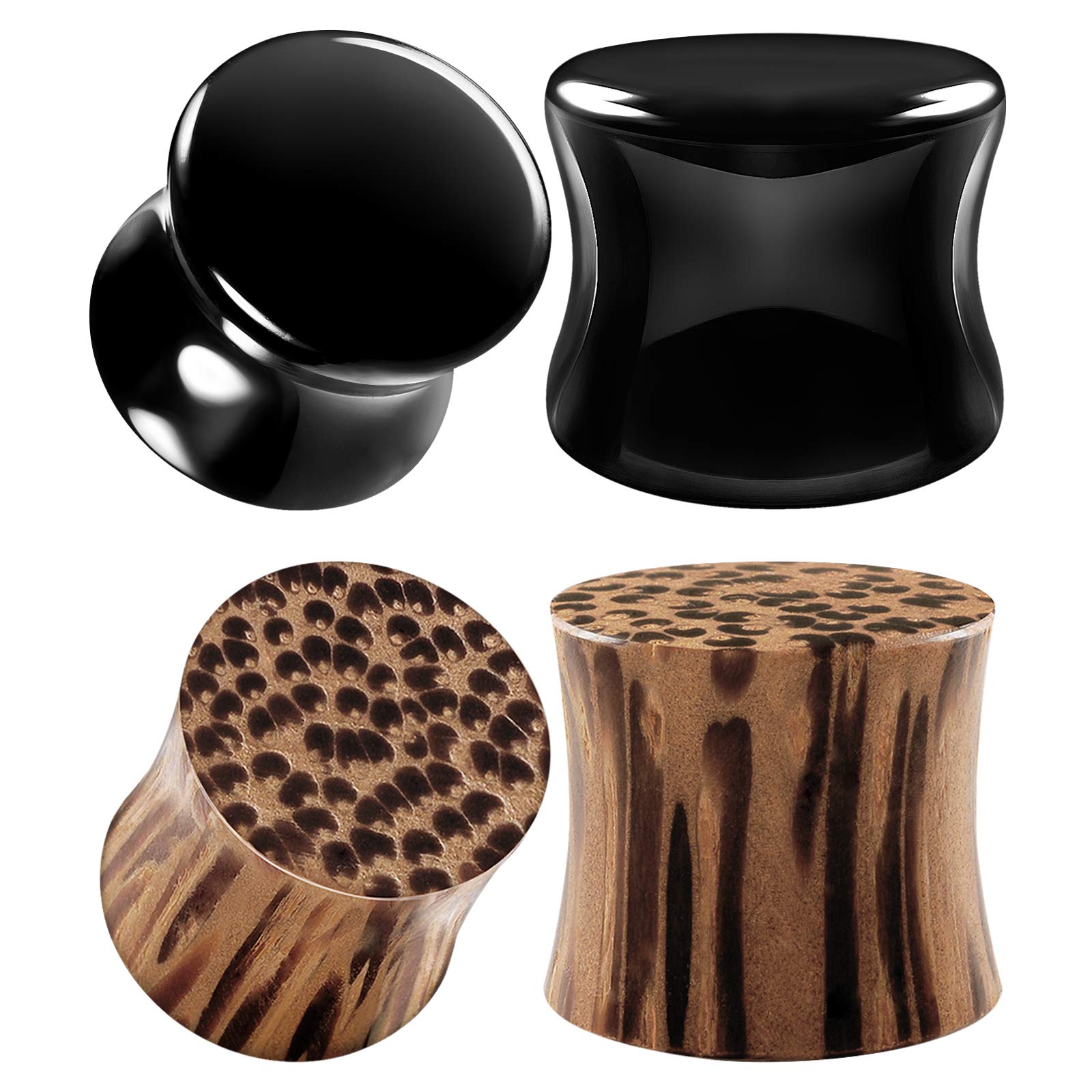 2 Pairs Black Onyx Organic Stone Wood Double Flared Saddle Ear Stretchers - Natural Wood & Stone Ear Plugs for Stretched Earlobes - Perfect for Daily Wear, Yoga, and Boho Fashion