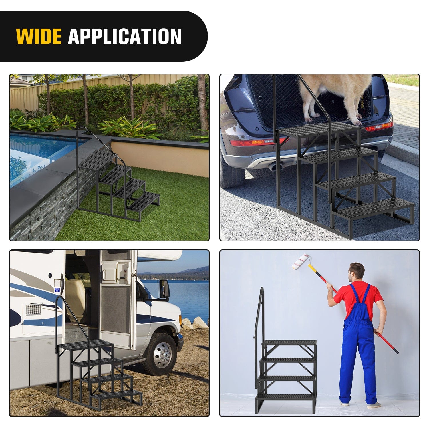4 Step RV Stairs with Handrail - Lightweight Aluminum Folding Steps for Camper, Trailer, Motorhome - Perfect for Outdoor Camping & Travel Access