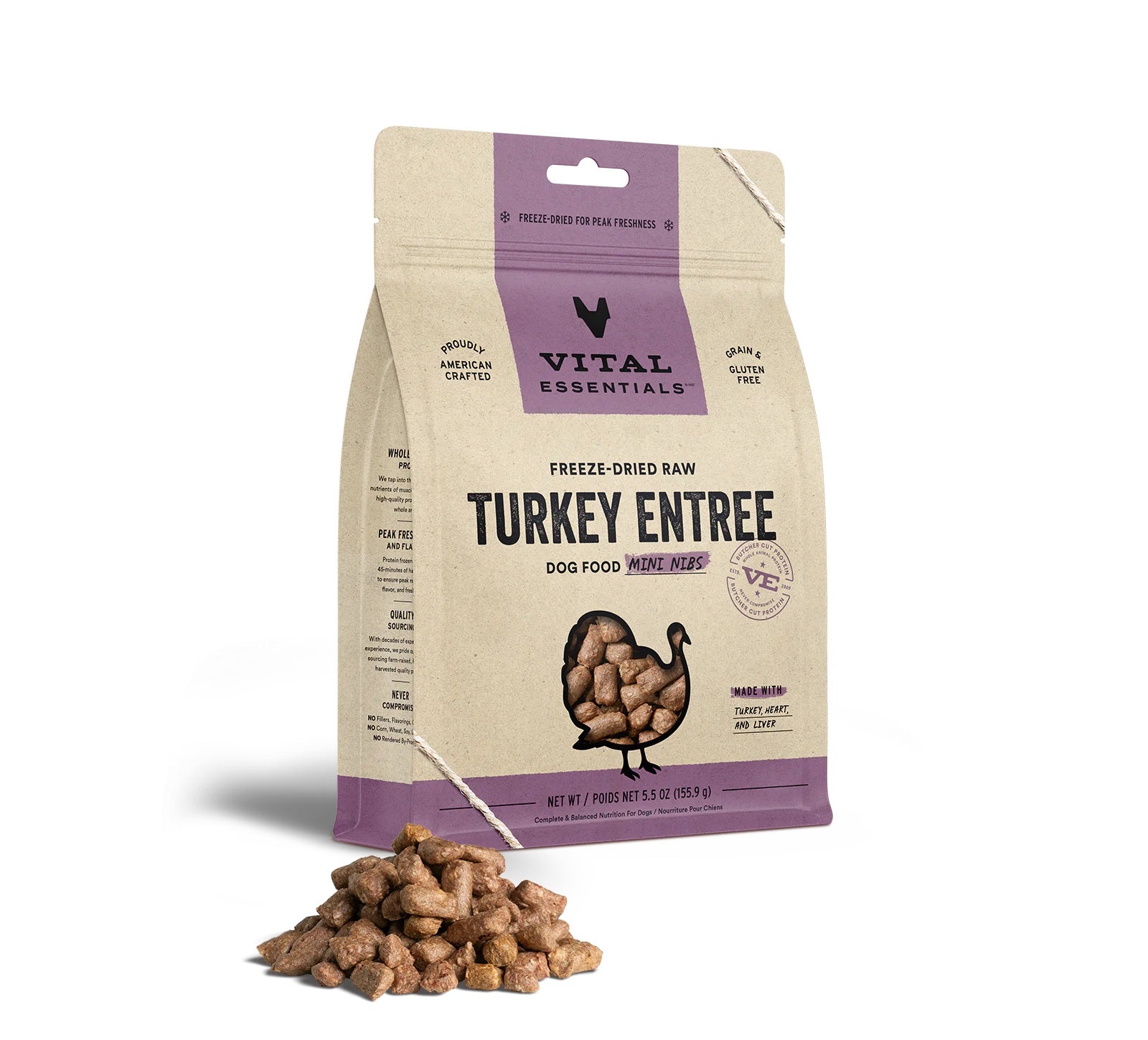 Vital Essentials Freeze Dried Turkey Mini Nibs Dog Food - High Protein Grain-Free Treats for Small & Large Dogs - Perfect for Training, Rewards & On-the-Go Snacks