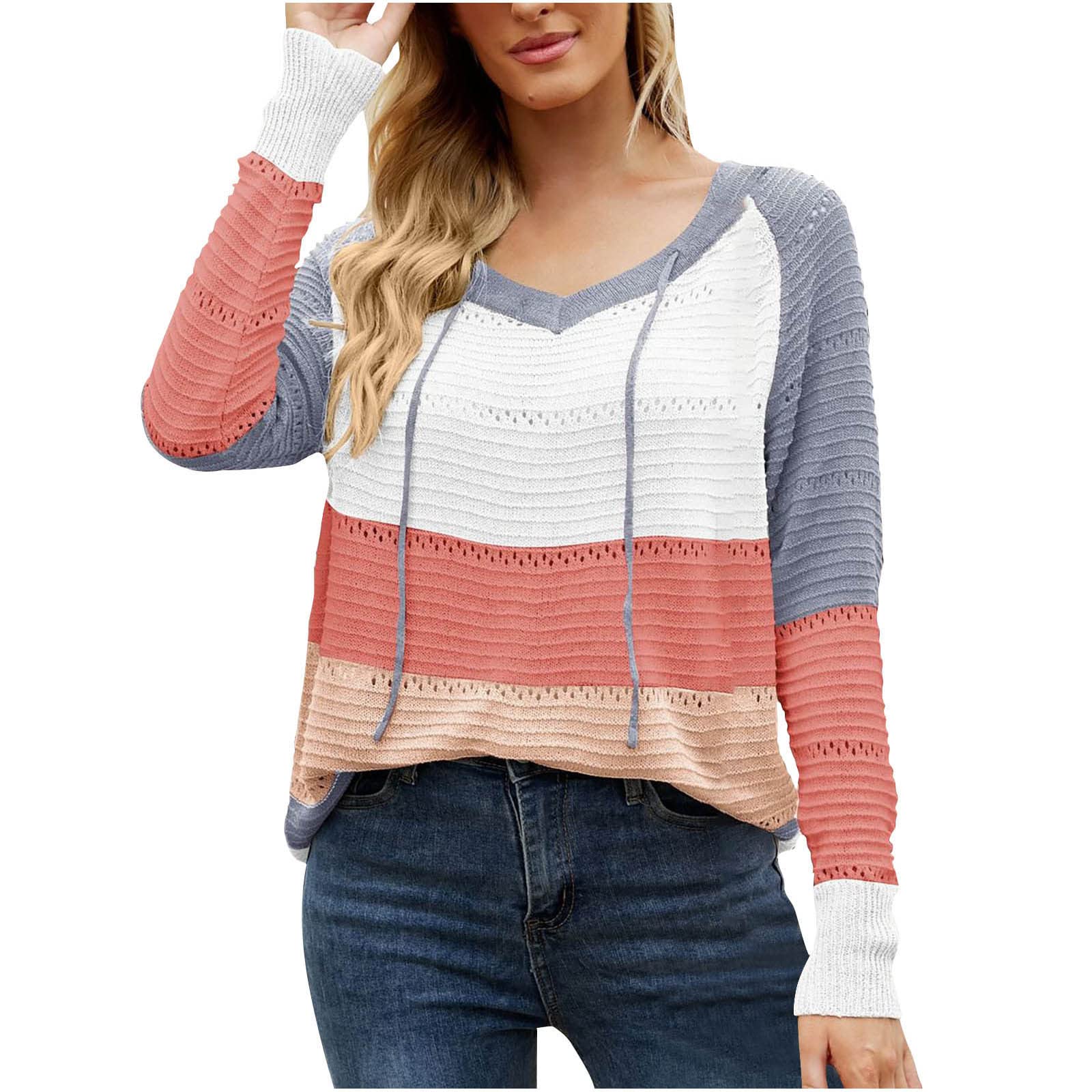 Women's Hooded Knitted Sweater Long Sleeve Color Block Lace-Up Waffle Knit Hoodie - Stylish Winter Pullover for Casual Outings & Cozy Home Wear