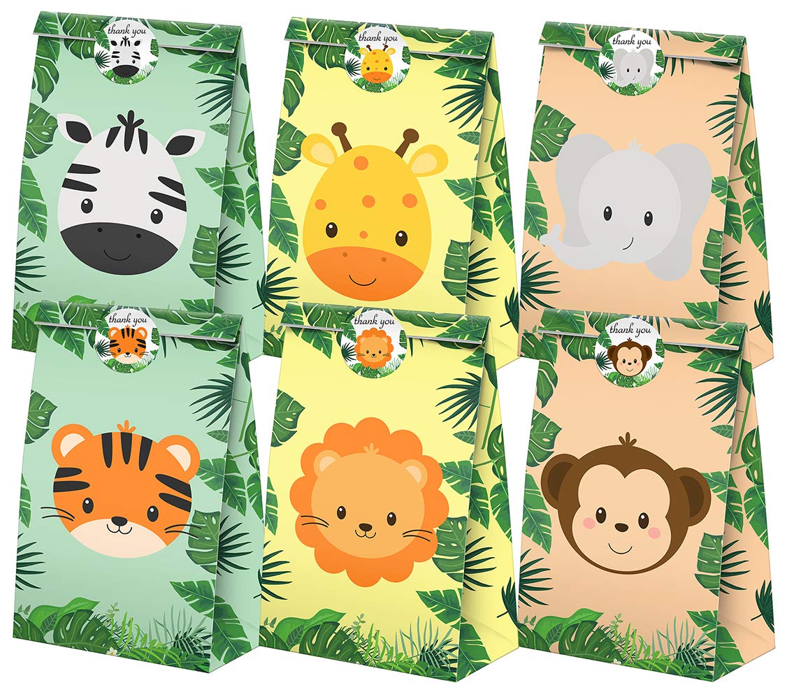 24 Pcs Jungle Safari Party Favors - Goodie Bags with Stickers for Candy & Treats | Safari Themed Birthday Party Supplies for Kids, Baby Shower & Classroom Rewards