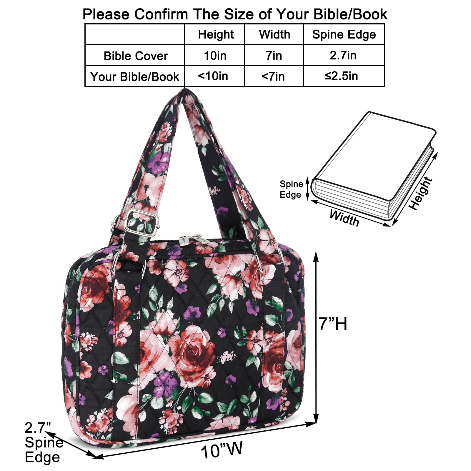 Women's Bible Cover with Adjustable Straps - Large Zippered Study Bible Carrying Case Bag (10x7x2.7 Inches) - Perfect for Church, Bible Study & Travel