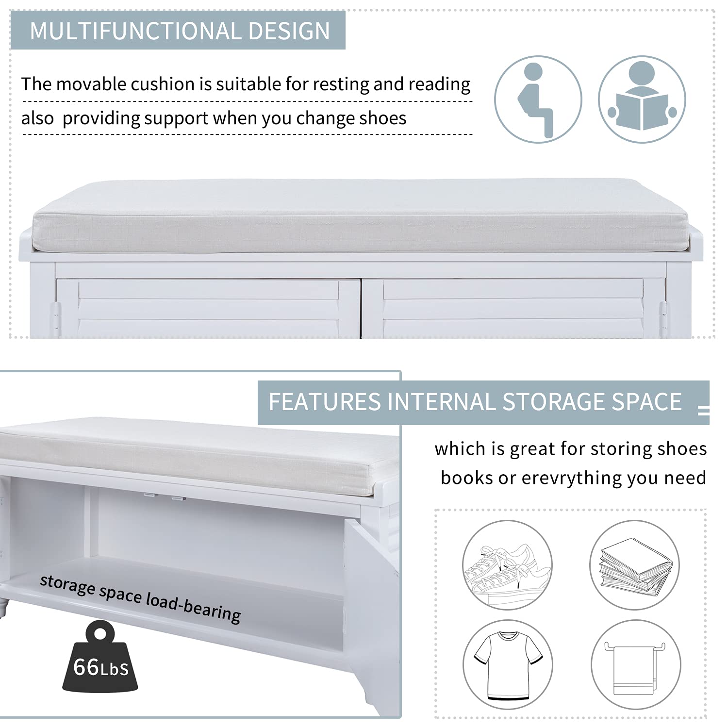 HomVent Storage Bench with 2 Doors & Removable Cushion - Entryway Shoe Bench for Hallway, Living Room, Bedroom - Supports 168 lbs - Perfect for Small Spaces, Entry Storage & Shoe Organization