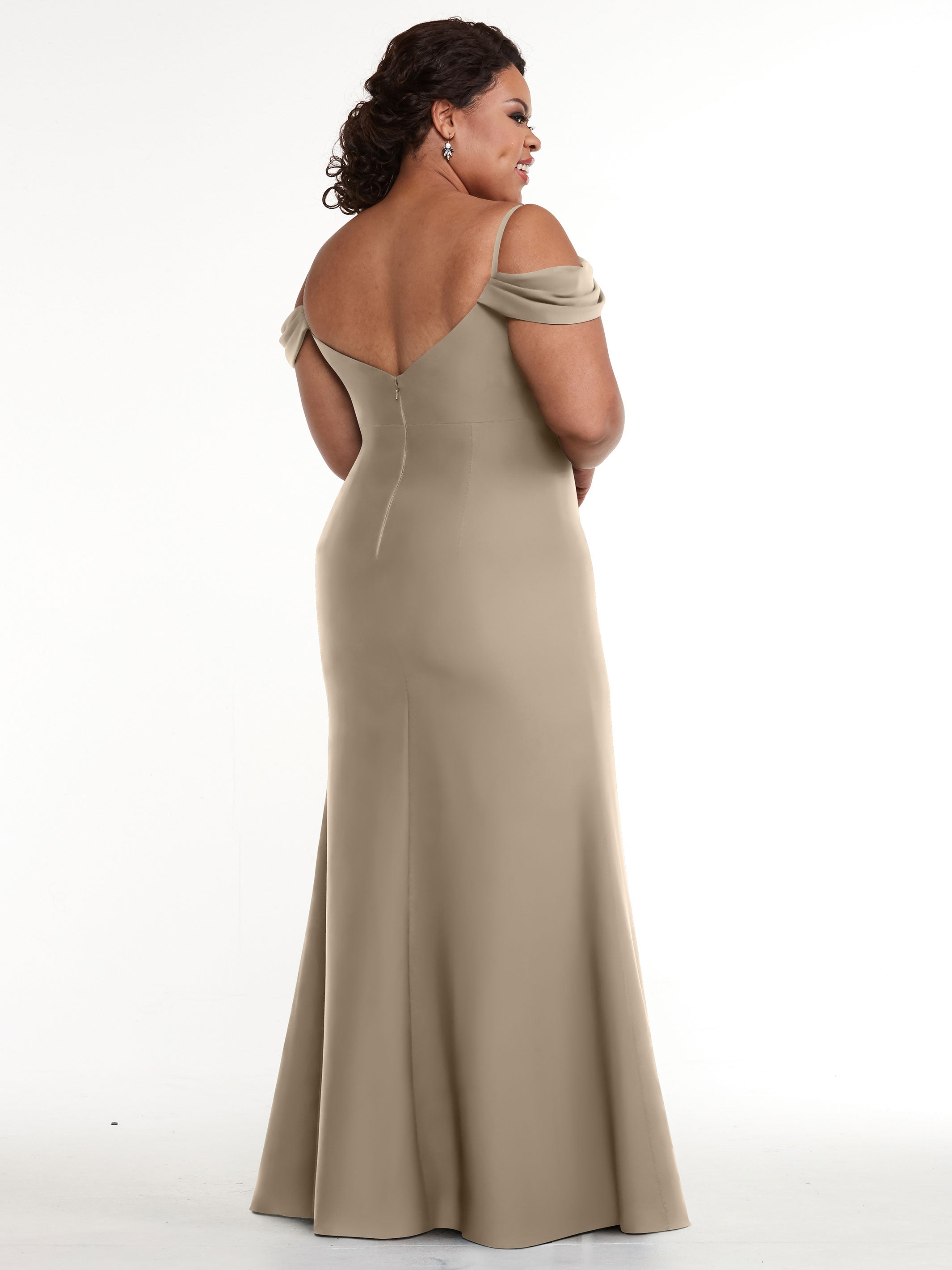 Elegant 83029 Fitted Stretch Chiffon Off-The-Shoulder Bridesmaid Dress with High Slit - Perfect for Weddings, Prom & Formal Events