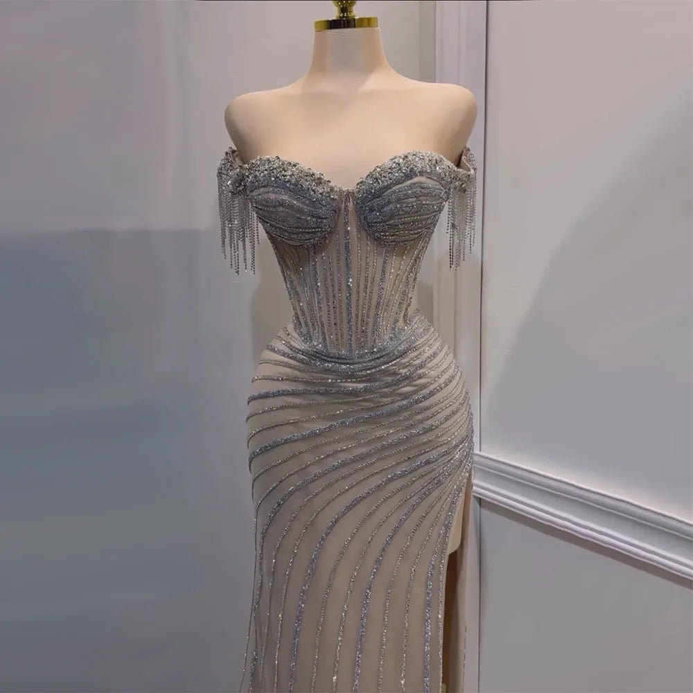Elegant Silver Beaded Tassel Mermaid Evening Gown with Boat Neck & High Slit - Perfect for Prom, Gala & Formal Events - LA72391