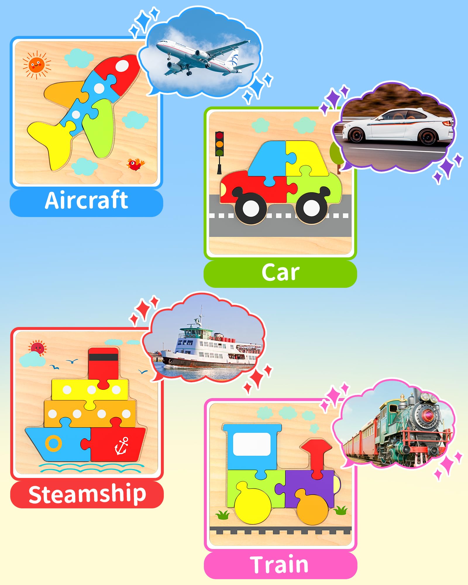 **Wooden Puzzles for Toddlers Ages 1-3 – 4 Vehicle-Shaped Learning Blocks, Montessori & Sensory Toys – Perfect Educational Gift for Boys & Girls (1-4 Years Old) – Great for Early Learning, Motor Skills & Playtime Fun**