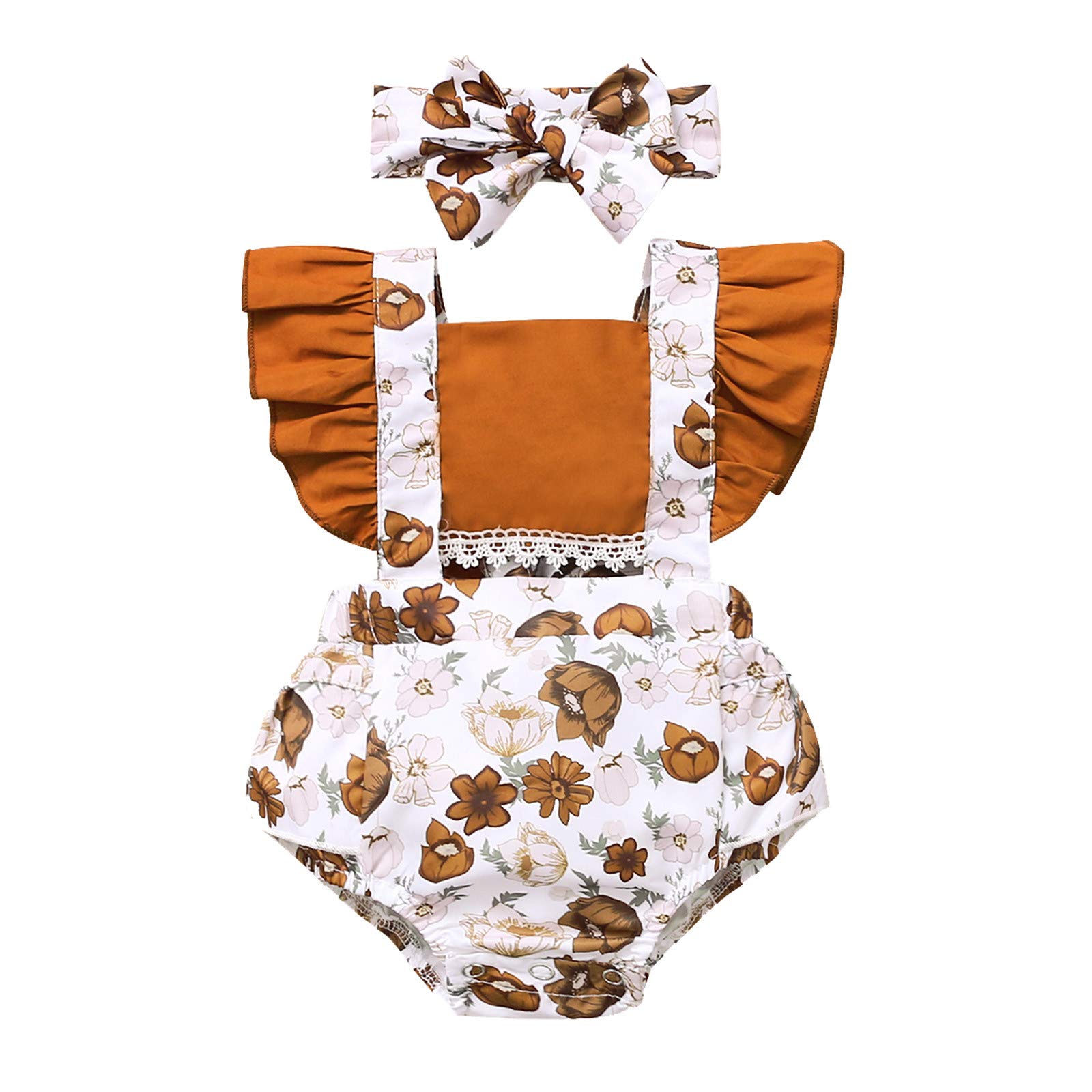 Baby Girls Floral Printed Ruffle Romper Outfit with Headband - Soft Cotton Infant Bodysuit for Newborn Toddler 0-24 Months | Perfect for Photoshoots, Playdates & Special Occasions