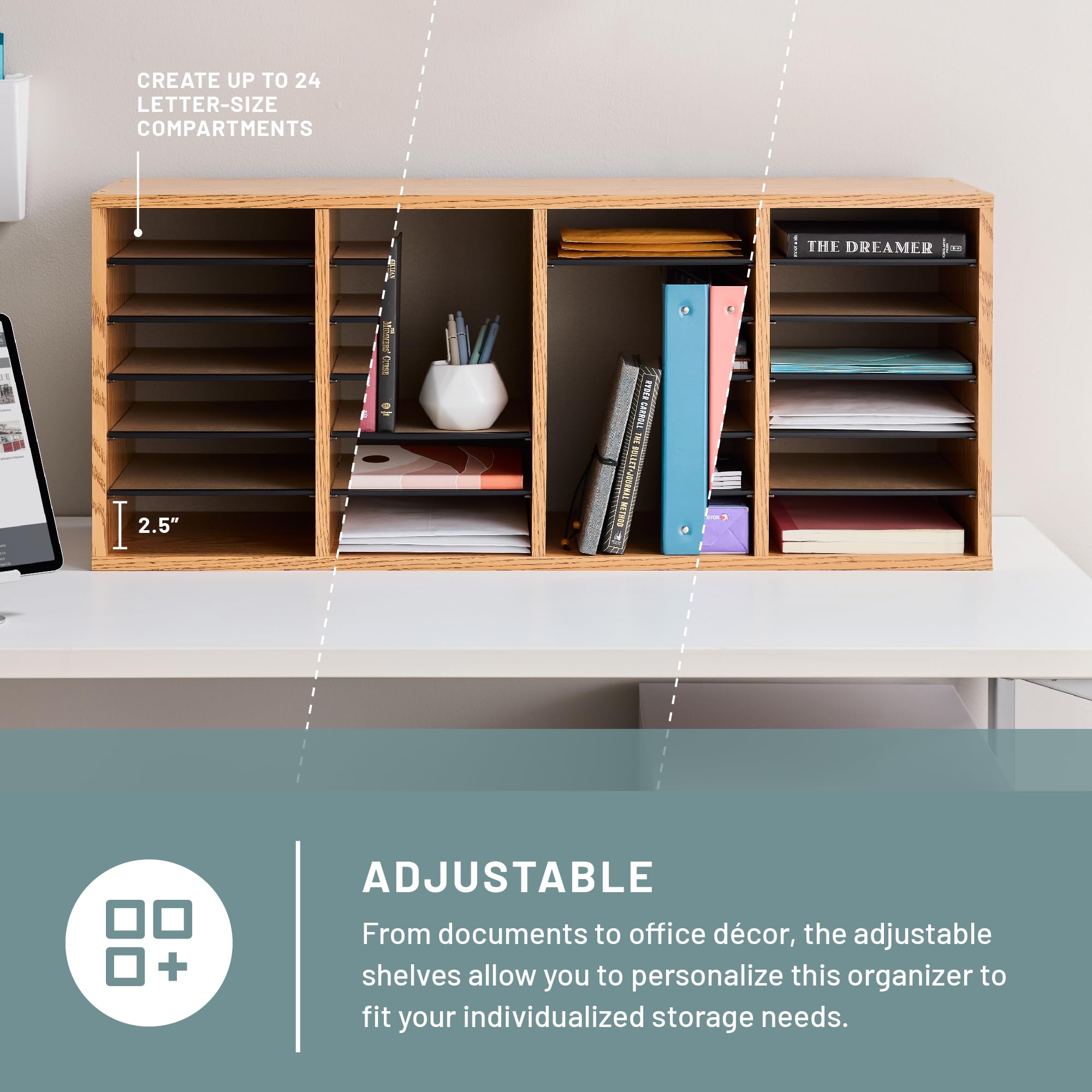 Safco Medium Oak Wooden Paper & Mail Organizer - Adjustable Shelves, Stackable Design, 32 Compartments with Drawers - Perfect for Home Office, Classroom & Workspace Organization