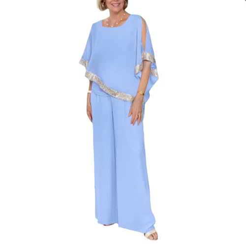 Lady Blue Chiffon Wedding Guest Pantsuit
