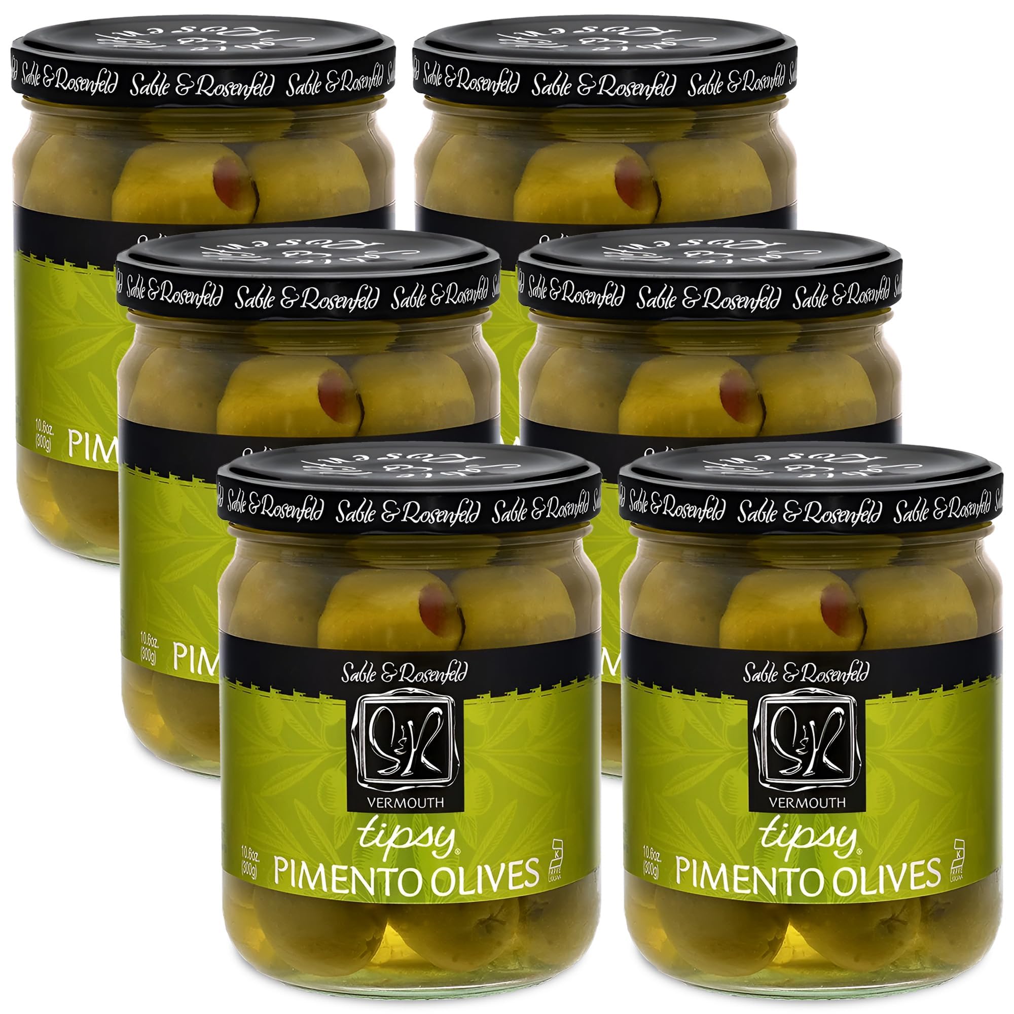 Sable & Rosenfeld Tipsy Olives - Colossal Green Olives Stuffed with Pimento in French Vermouth - Premium Cocktail Garnish for Martinis & Bloody Marys - 10.6 oz (Pack of 6) - Perfect for Home Bars, Parties & Gourmet Gift Giving
