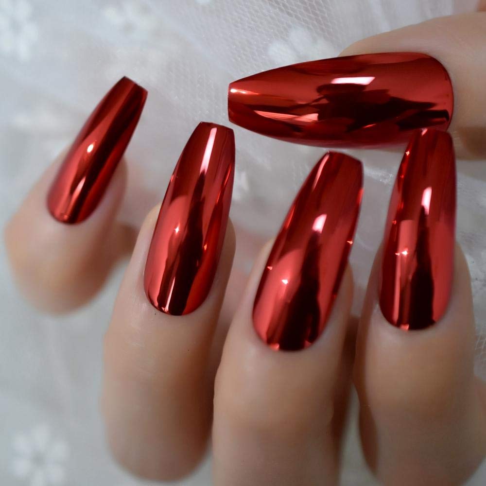 Gorgeous Mirror False Nails - Red Metallic Fake Nails for Women, Extra Long Ballerina Fashion Nail Tips (24 Pieces) - Perfect for Parties, Weddings, and Special Occasions