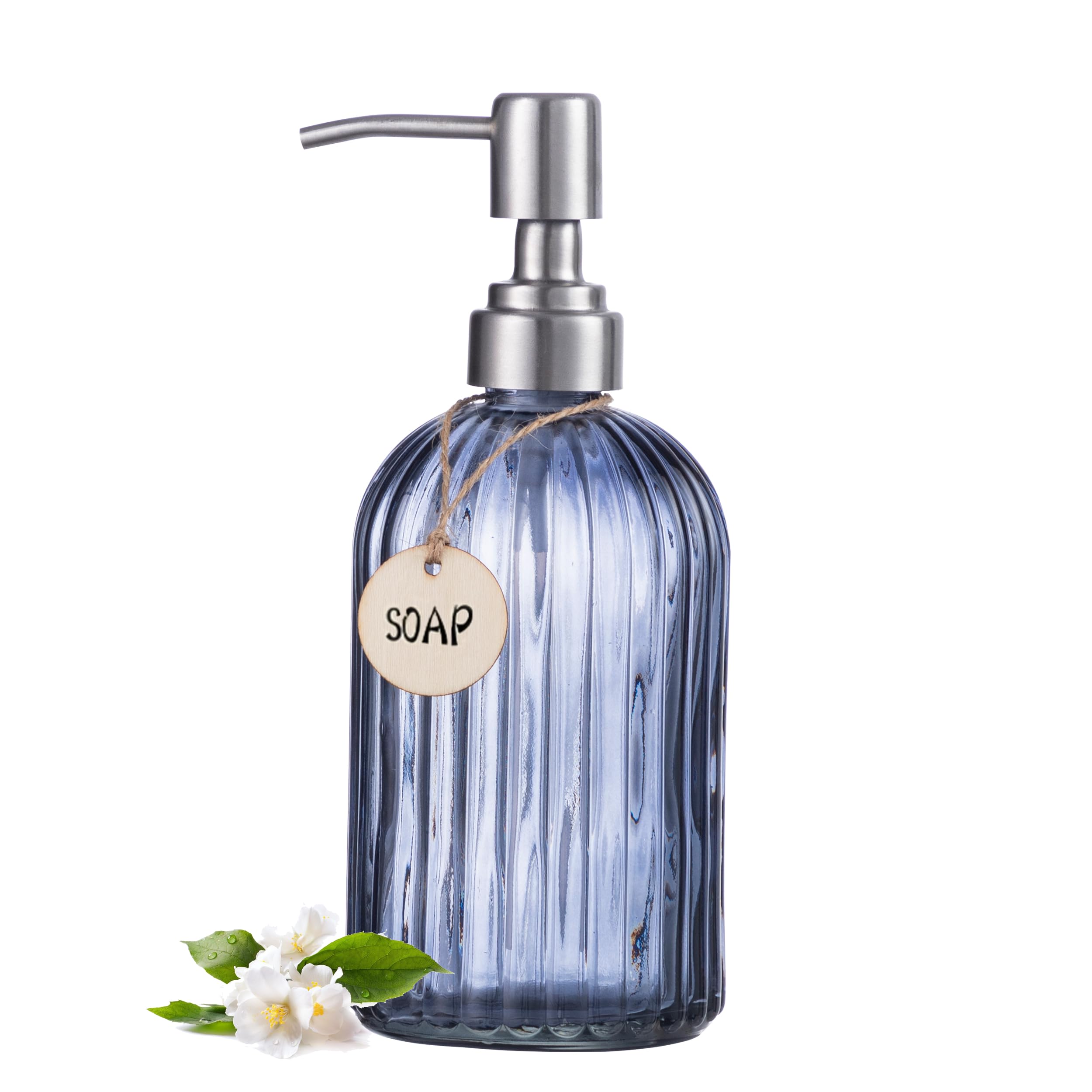 16 Oz Glass Soap Dispenser with 304 Stainless Steel Pump - Refillable Liquid Hand Soap Dispenser for Kitchen, Bathroom, Farmhouse Decor - Elegant Blue Grey Vertical Grain Design - Perfect for Home, Office, and Restaurant Use