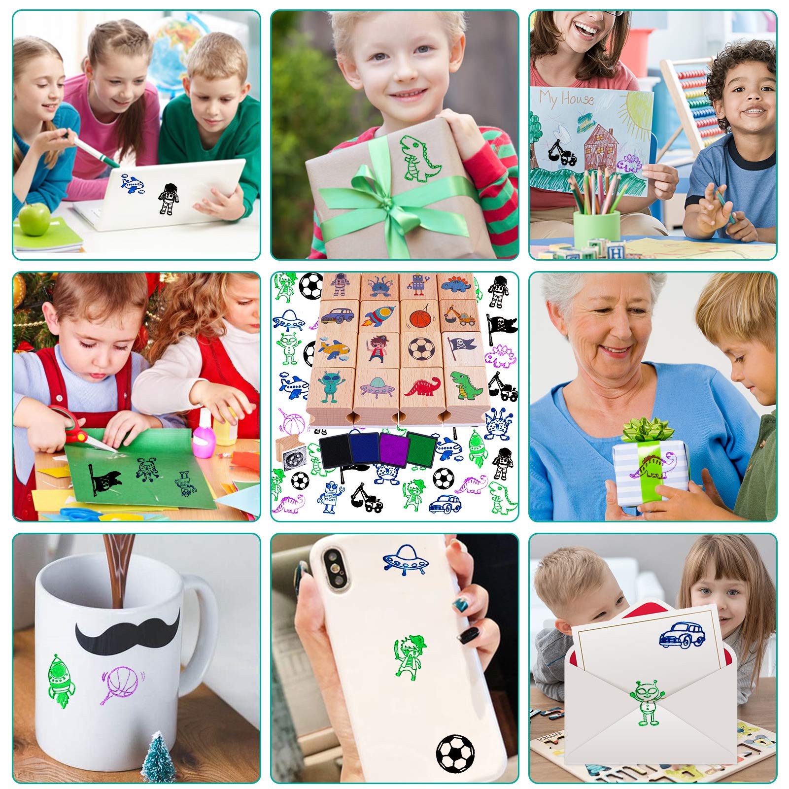 HOWAF 16pcs Kids Wooden Stamps with Ink Pad - DIY Crafts for Boys Birthday Gifts | Scrapbooking & Card Making