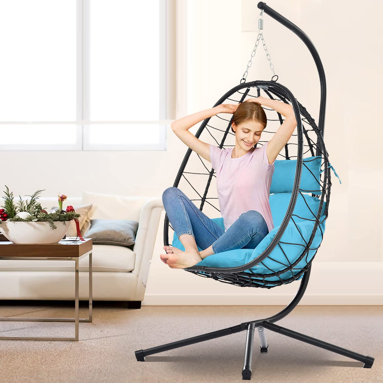 Uhomepro Hanging Egg Chair with Stand & Cushion - 350 Lbs Capacity Indoor/Outdoor Wicker Swing Hammock - Light Blue for Patio, Garden, Balcony & Backyard Relaxation