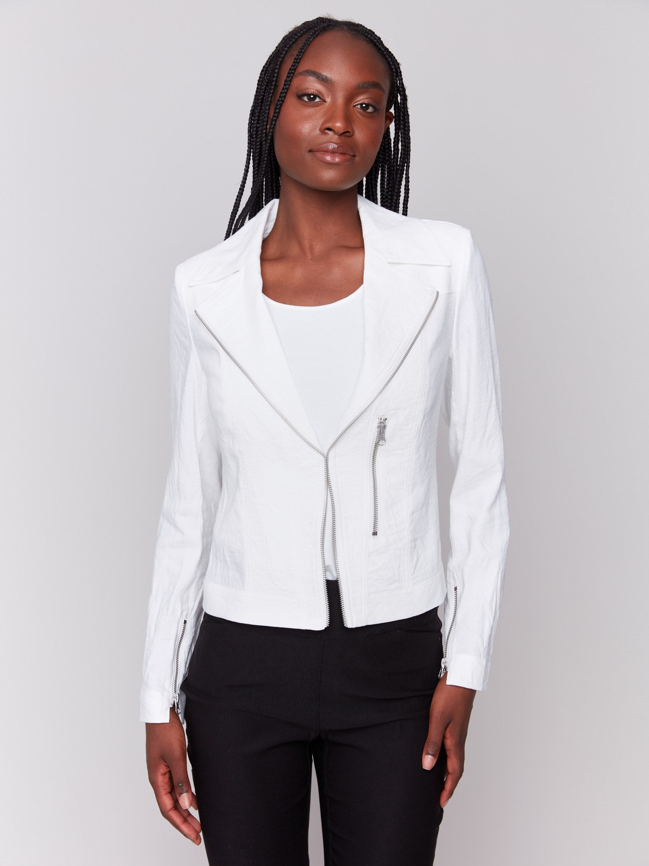 Stylish White Crinkle Rayon Biker Jacket for Women - Trendy Motorcycle Outerwear for Casual Outings & Nightlife