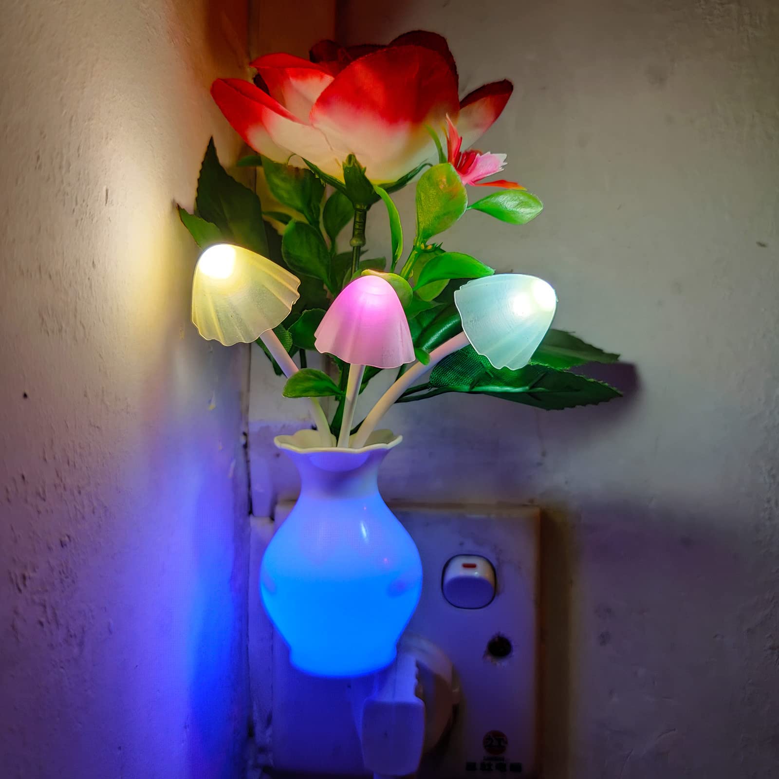 AUSAYE 2 Pack Color Changing LED Night Light Plug-in - Mushroom & Rose Flower Design for Kids Adults - Bedroom, Bathroom, Nursery, Kitchen, Basement - Perfect for Nighttime Safety and Ambiance Lighting