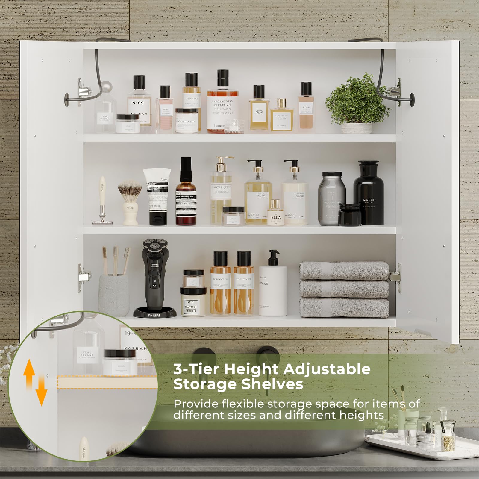 DICTAC 27.6x23.62 Inch LED Lighted Bathroom Medicine Cabinet with Mirror - Double Door Wall Mounted Storage Organizer with Adjustable Shelves, White - Perfect for Modern Bathrooms, Bedrooms & Vanity Areas