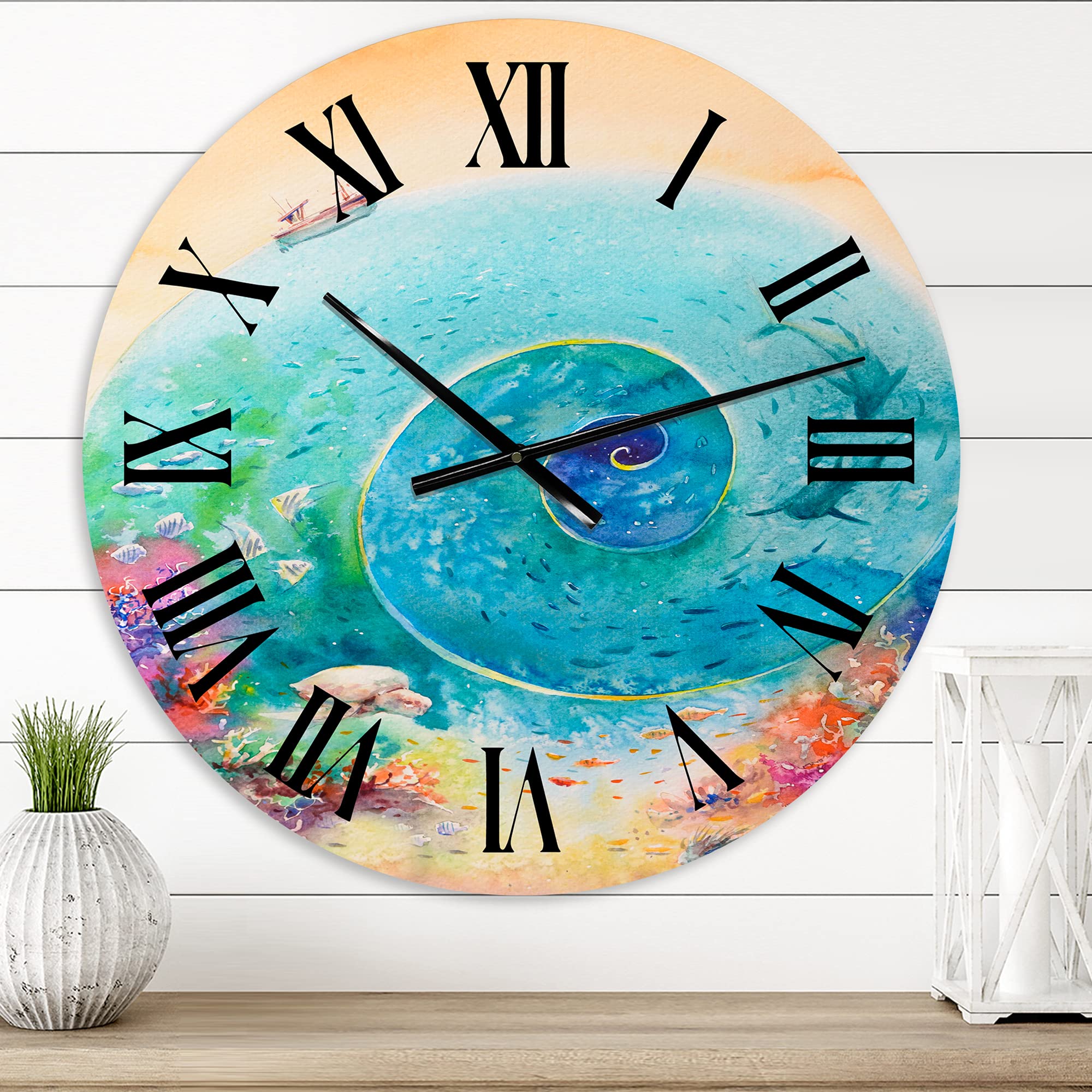 DesignQ Nautical Coastal Wall Clock - Turquoise Ocean Spiral with Coral Reef Fishes, 12 Inch Round Decorative Clock for Beach House, Living Room & Bedroom | Perfect Coastal Home Decor Gift