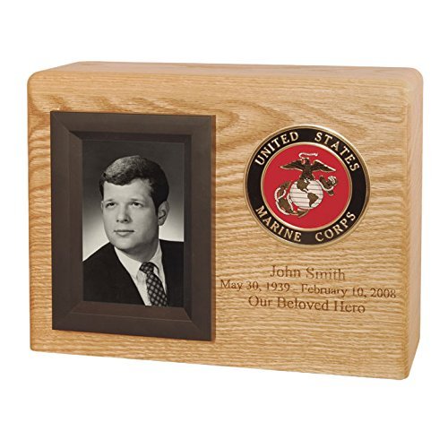 Handcrafted Oak Wood Military Cremation Urn for Marines - Personalized Picture Memorial Urn for Ashes - Perfect for Funeral Services, Home Memorials & Veteran Tributes
