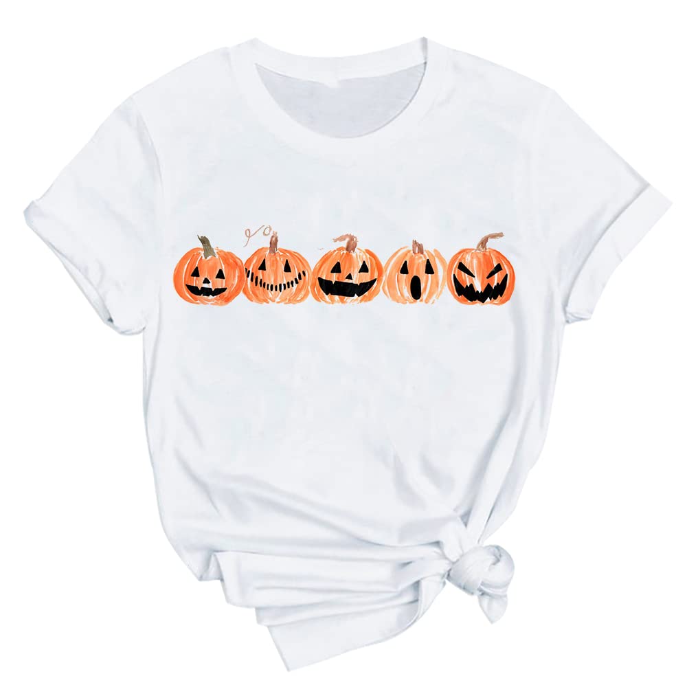 Women's Halloween Graphic T-Shirt - Cute Pumpkin Skull Ghost Print Short Sleeve Tee for Spooky Party & Casual Wear | IHAOIZ