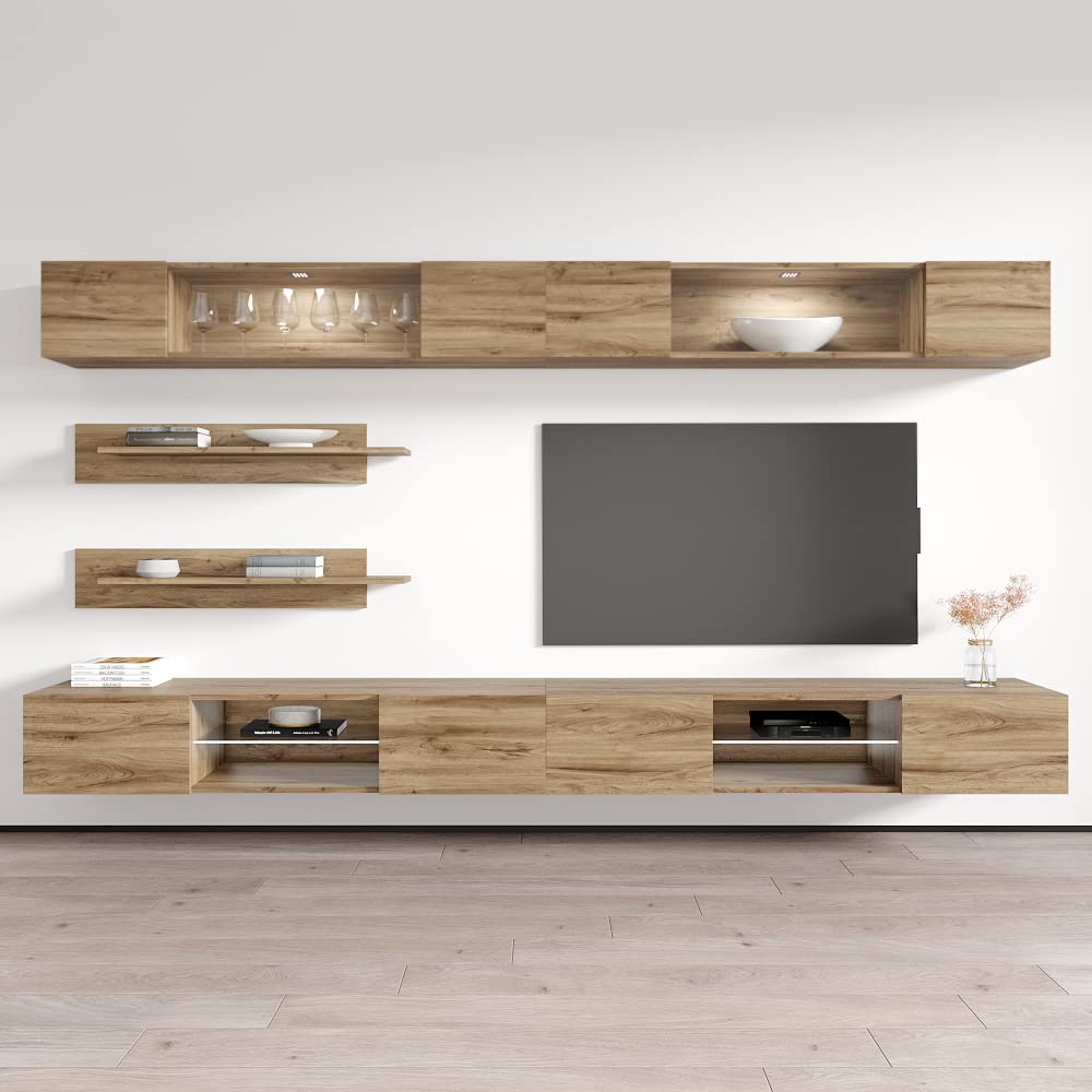 Modern Oak Wall-Mounted TV Stand with Storage Shelves & LED Lights - Floating Entertainment Center Console for Living Room & Bedroom - Perfect for Small Spaces & Home Theater Setup