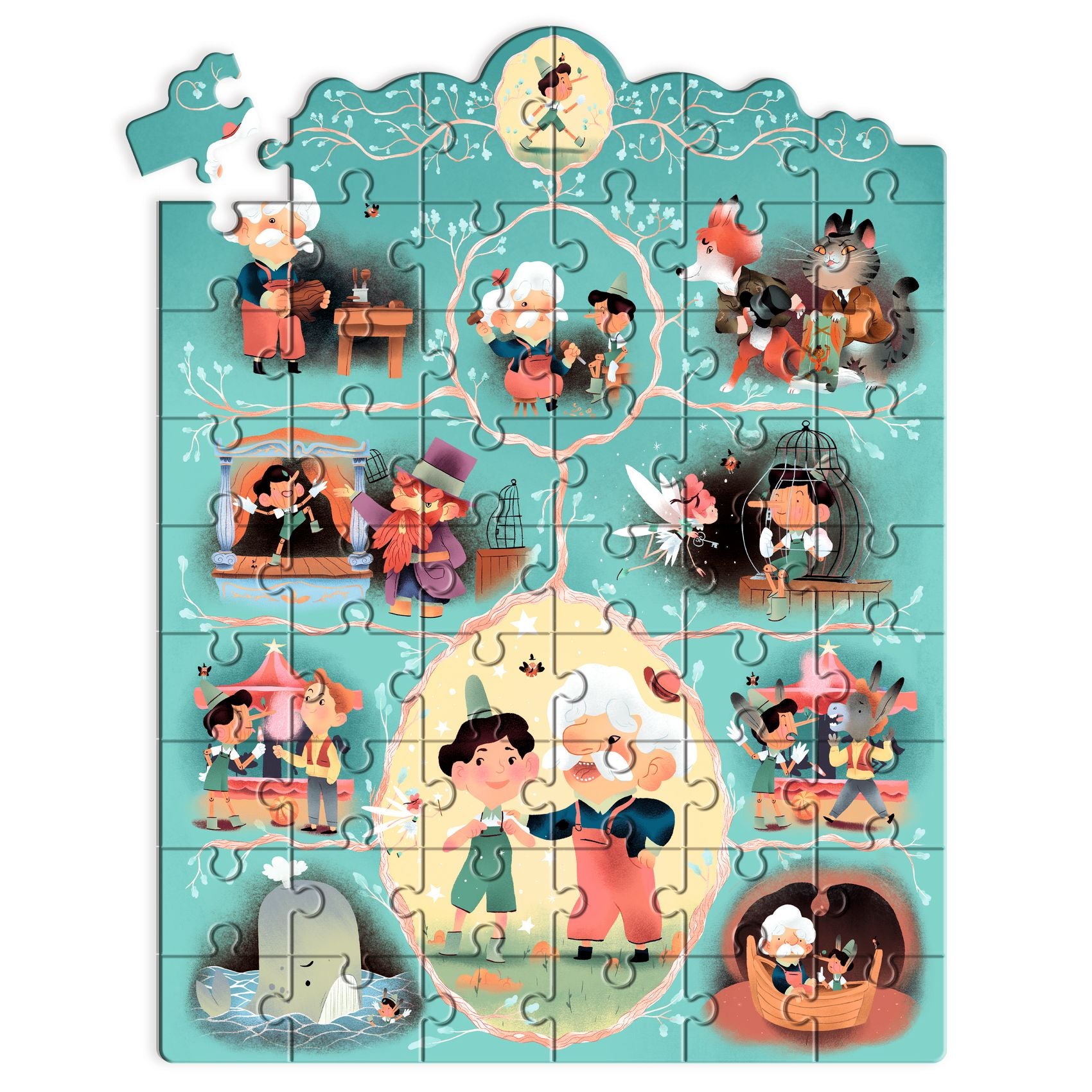 Djeco Pinocchio 54-Piece Story Puzzle for Kids - Wooden Jigsaw Puzzle with Fairy Tale Illustrations - Perfect for Family Game Night & Early Childhood Education