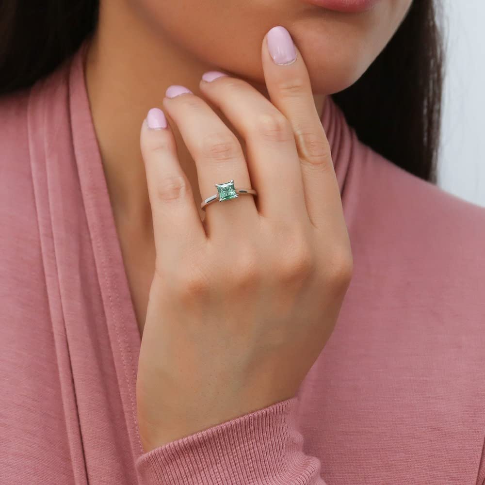 BERRICLE Sterling Silver Solitaire Wedding & Engagement Ring Set - 1.2 Carat Green Princess Cut Cubic Zirconia CZ Wishbone Design for Women, Rhodium Plated, Size 4-10 | Perfect for Proposals, Anniversaries & Special Occasions