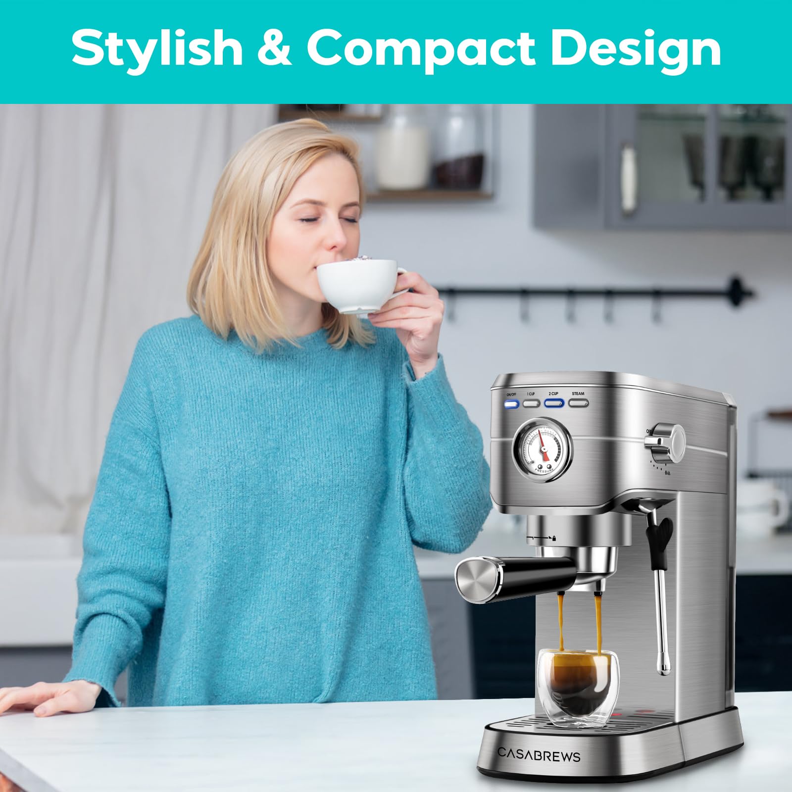 CASABREWS 20 Bar Espresso Machine - Compact Coffee Maker with 34oz Water Tank, Professional Cappuccino & Latte Maker with Milk Frother, Stainless Steel for Home Barista - Perfect for Kitchen, Office & Small Spaces