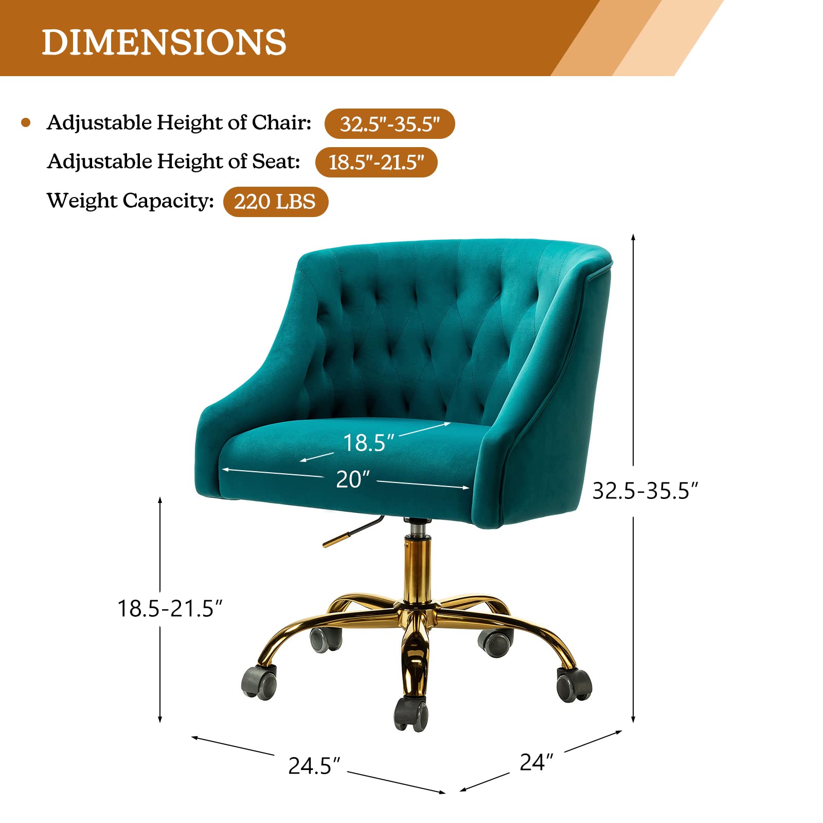 Luxury Velvet Home Office Chair with Gold Base - Adjustable Swivel Task Chair for Women, Modern Ergonomic Desk Chair for Living Room, Bedroom & Study - Soft Turquoise Velvet Seat - Perfect for Working from Home, Gaming & Vanity Areas