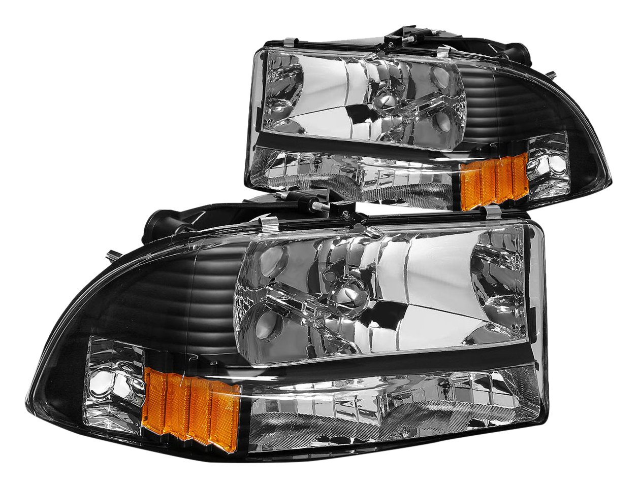 DNA Motoring HL-DDUR97-BK-AM Black Housing Amber Reflector Headlights Compatible with 1997-2004 Dodge Dakota - Upgrade Your Truck's Style & Night Visibility (Perfect for Off-Roading & Night Driving)