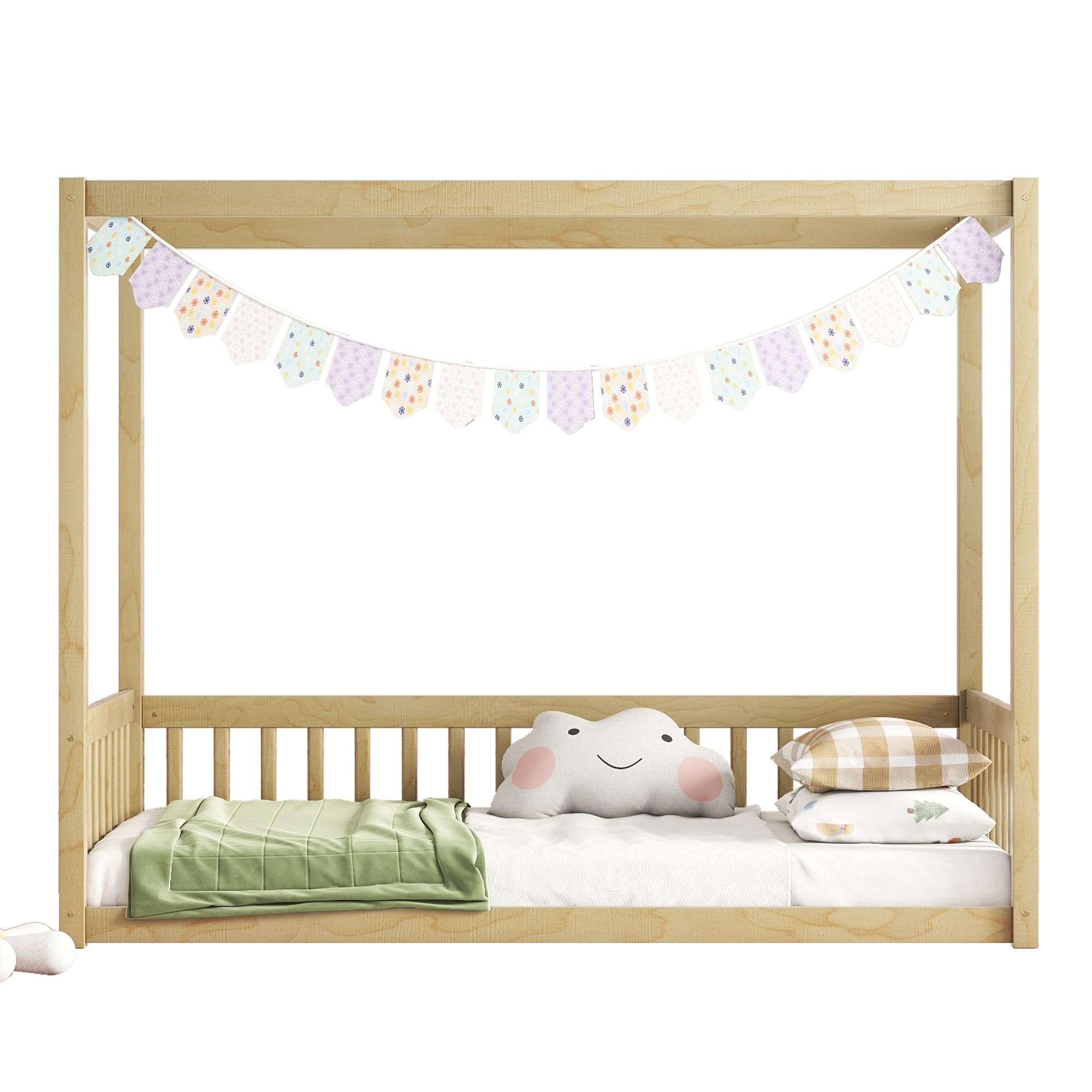 Twin Size Wood Canopy Bed Frame with Safety Fence for Kids - Sturdy Four Poster Platform Bed for Boys & Girls (Natural Finish) - Perfect for Nursery, Bedroom, Playroom & Sleepovers