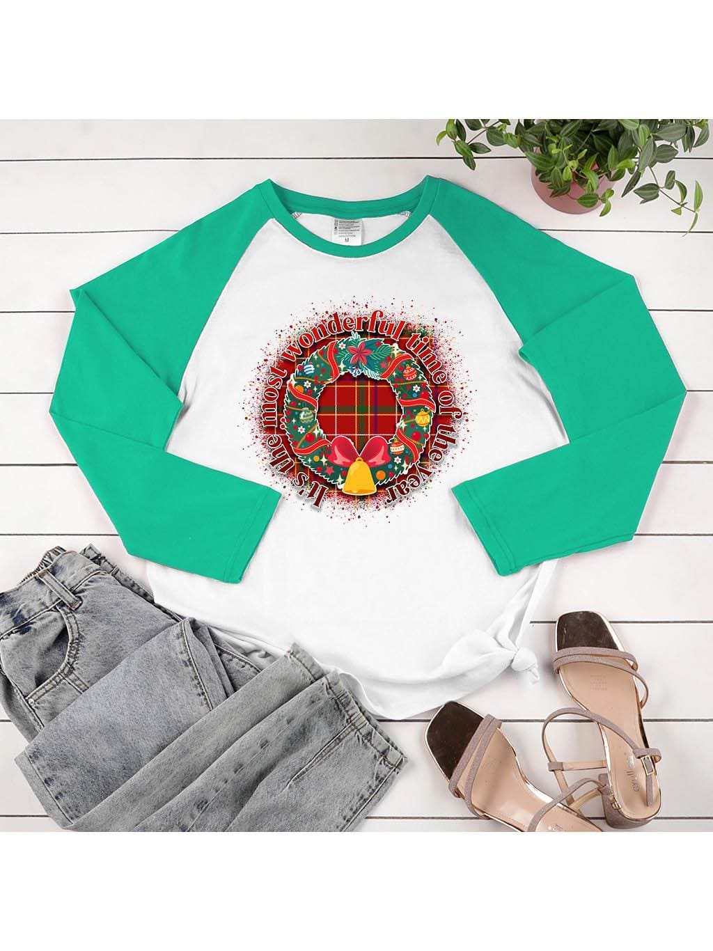 Lovevop Christmas Wreath Print Casual Long Sleeve T-Shirt for Women - Holiday Party, Family Gathering & Festive Outfit