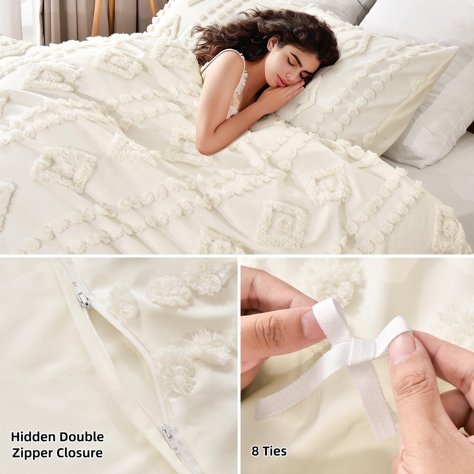 PHF Boho Duvet Cover King Size - Soft Tufted 3-Piece Bedding Set with 2 Pillowcases, Textured Shabby Chic Design for All Seasons, Snow White 104