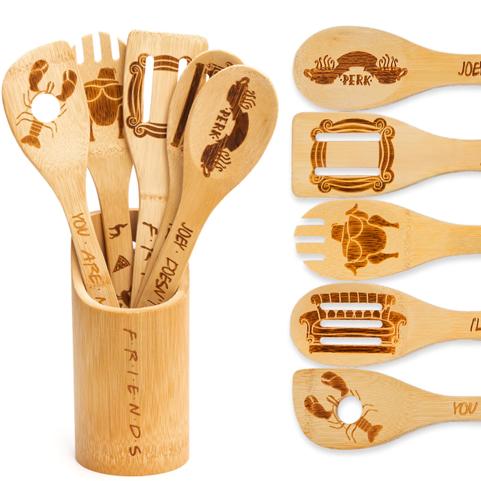 Friends TV Show Wooden Spoons Set - 6 Piece Kitchen Utensils with Holder, Non-Stick Cooking Tools, Perfect Gift for Fans, Mom & Women (Housewarming, Birthday) - Ideal for Cooking, Baking & Displaying as Collectible Merchandise