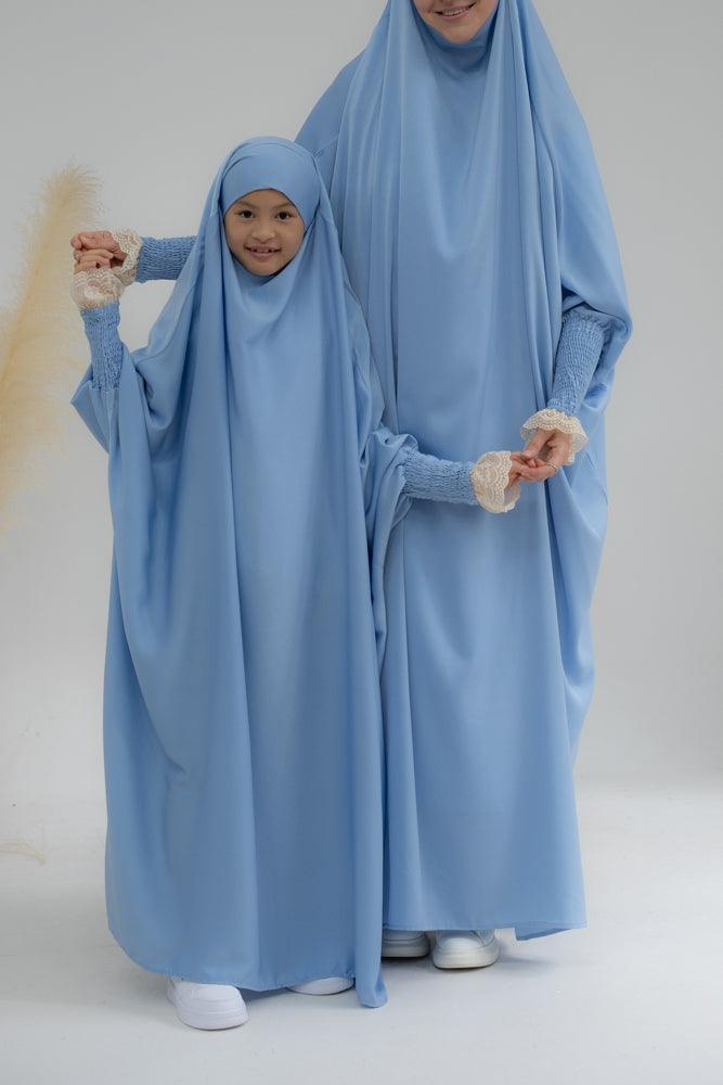 Little Gretaah Khimar Style Prayer Gown for Kids - Sky Blue with Ribbed Sleeve Cuffs | Perfect for Islamic Prayer, Eid Celebrations & Modest Dress