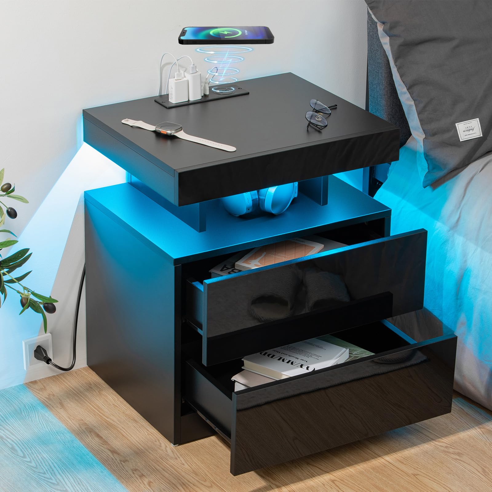 HOMMPA LED Nightstand with Wireless Charging, USB Ports & RGB Adjustable Lights - High Gloss Smart Bedside Table with 2 Drawers - Modern Black Night Stand for Bedroom, Living Room & Office Use