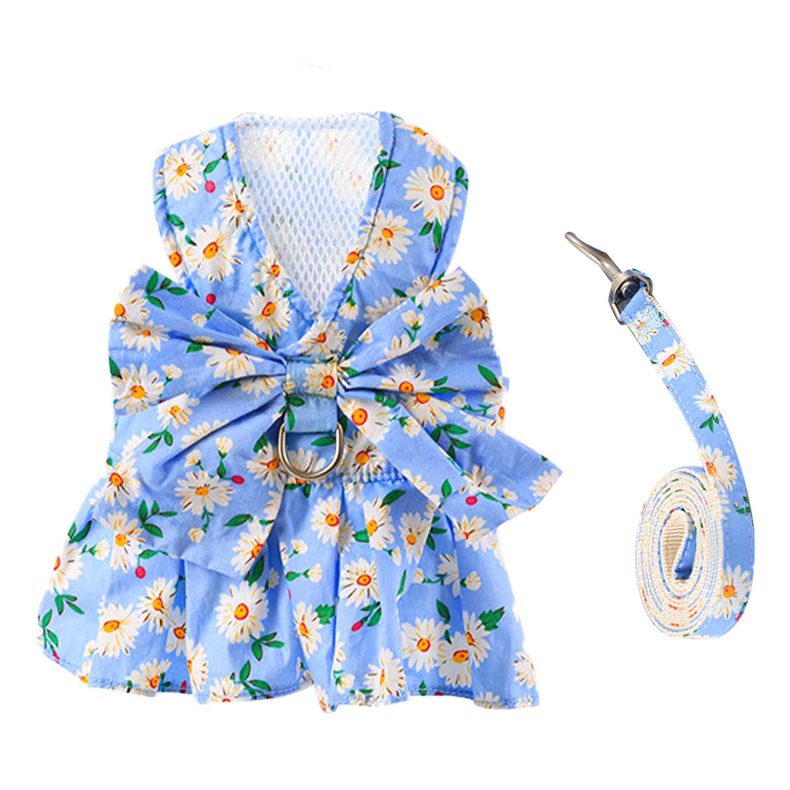 BAEJMJK Floral Princess Dog Dress with Bowknot Harness & Leash Set - Cute Puppy Outfits for Small Dogs & Cats - Breathable Summer Pet Clothes (Blue, X-Small) - Perfect for Spring Walks, Pet Parties & Photo Shoots