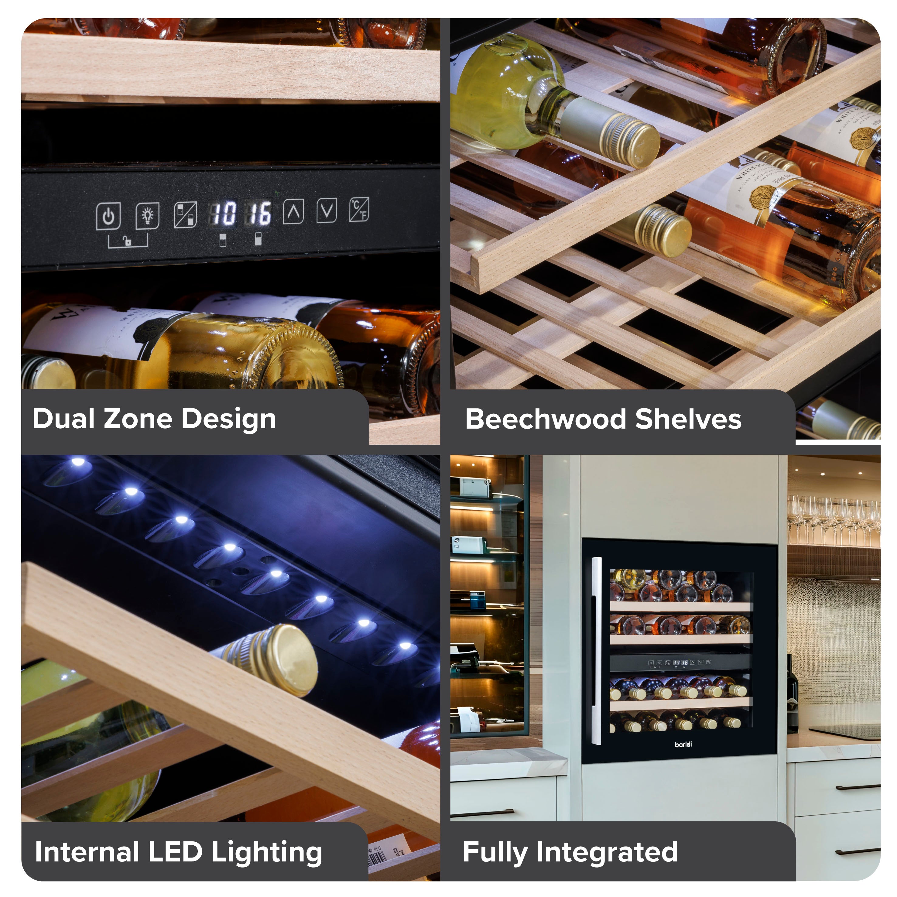 Baridi 60cm Built-In 36 Bottle Dual Zone Wine Cooler with Beech Wood Shelves - Black (DH117) | Perfect for Home Bars, Restaurants & Wine Cellars | Energy Efficient Wine Refrigerator for Optimal Storage