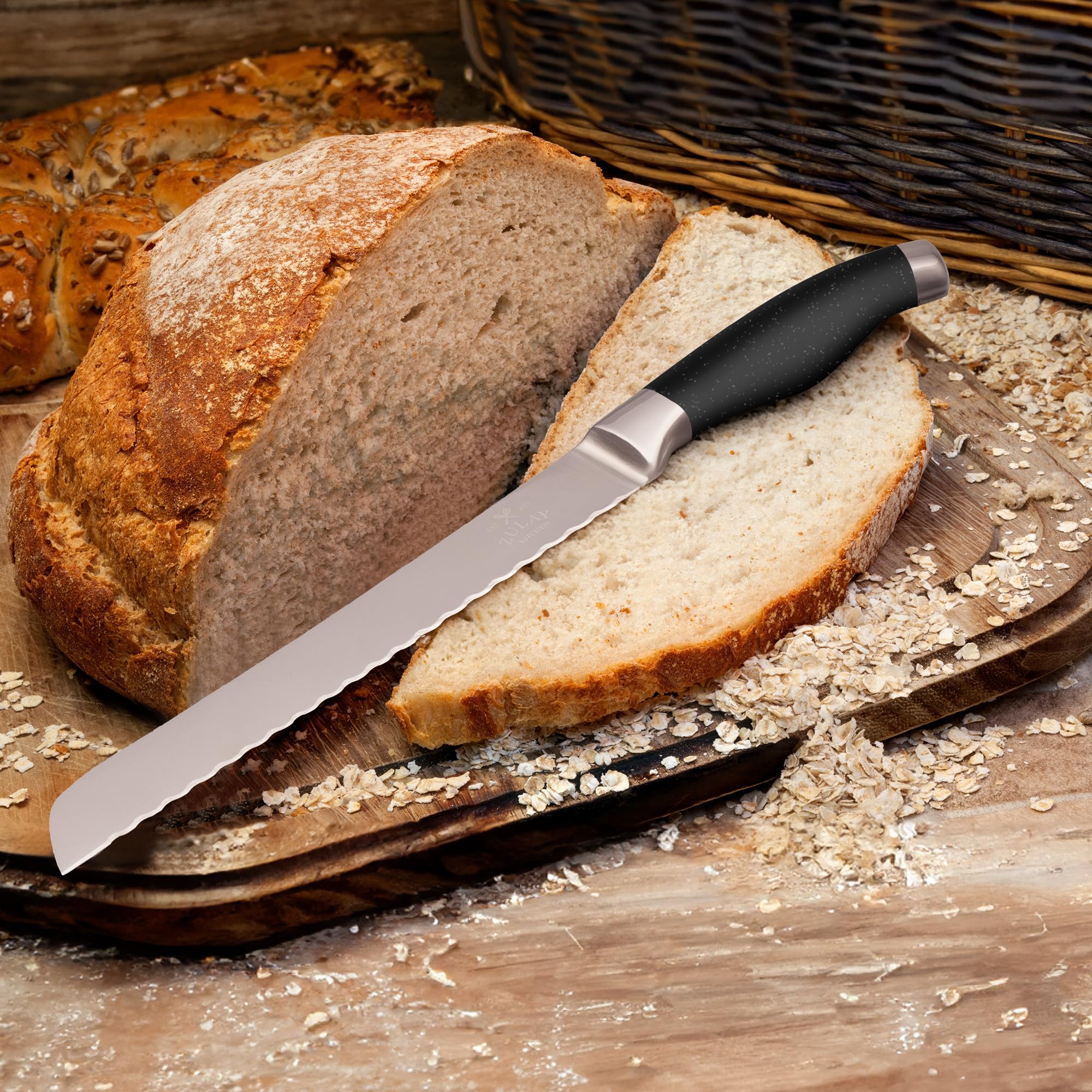 Zulay Premium 8-Inch Serrated Bread Knife - Stainless Steel Blade for Slicing Homemade Bread, Cake, Bagel - Ergonomic 5-Inch Handle with Safety Tip Guard - Perfect for Bakeries, Kitchens & Gift Giving