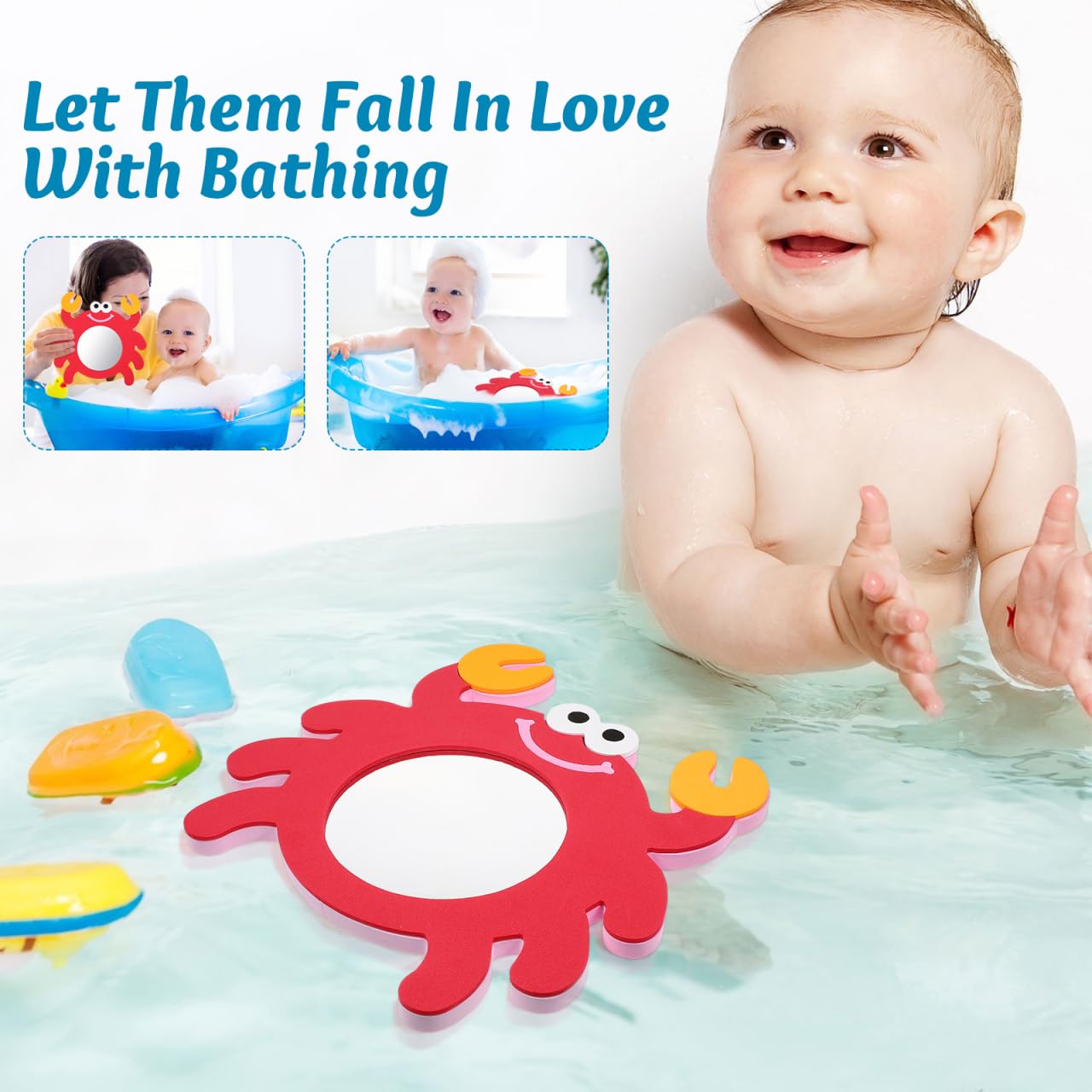 Totority 2-Pack Cartoon Crab Shaped Foam Bath Mirrors for Kids - Educational Bath Toys, Water Play & Bathtime Fun - Perfect for Toddler Bath Time, Sensory Play & Learning