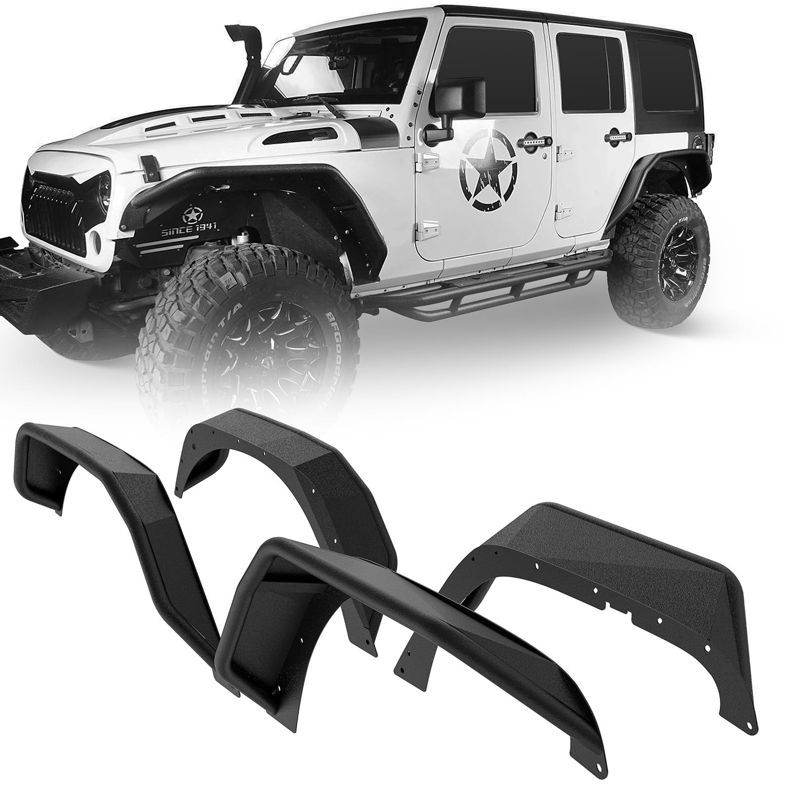 Jeep Wrangler JK & Unlimited 2007-2018 Tubular Fender Flares Front & Rear Set - Heavy Duty Wheel Armor Mud Guards for Off-Road Protection | Perfect for Rock Crawling, Trail Riding & Mud Adventures
