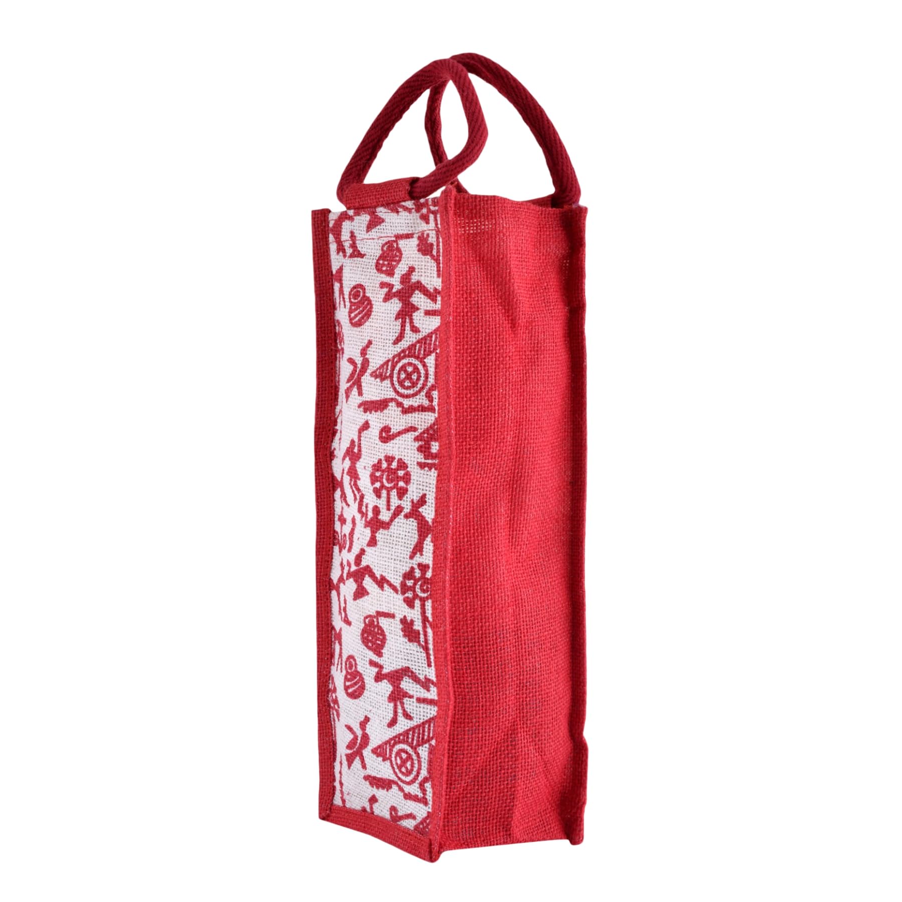 Heart Home Jute Bottle Bag - Reusable Water & Wine Bottle Cover with Handle for Office, Picnics & Travel - Warli-Print Gift Bag in Red