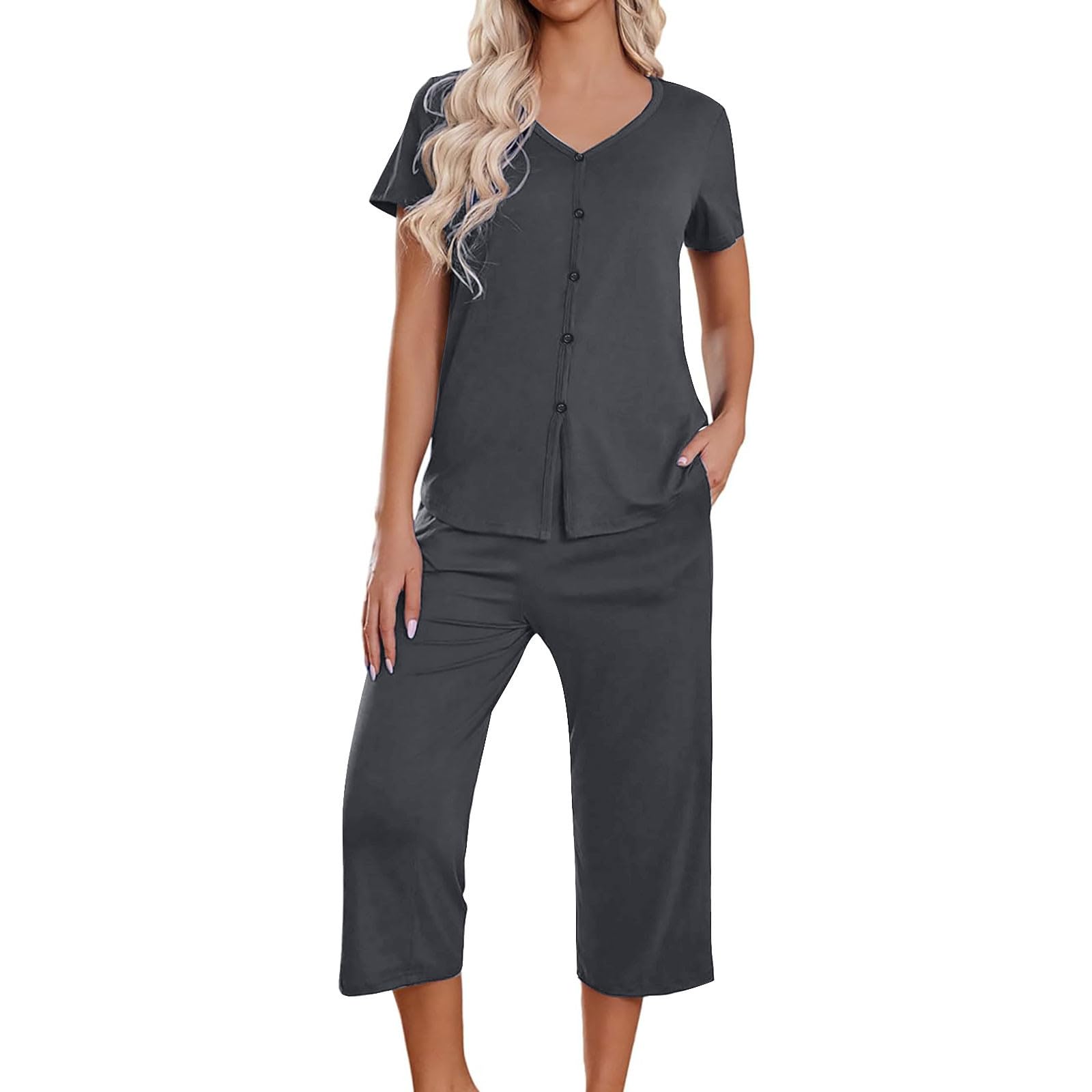Women's Comfy V-Neck Lounge Set - Relaxed Two-Piece Outfit for Sleeping & Walking
