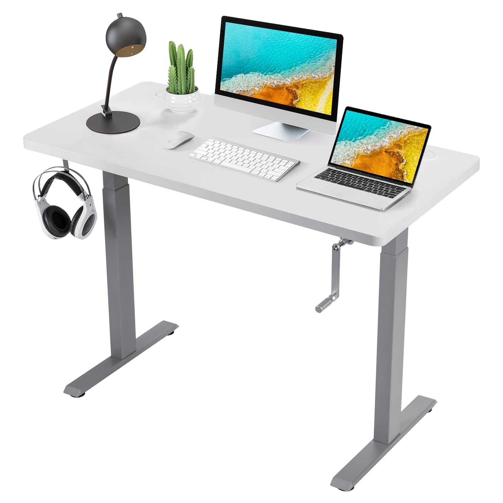 COSTWAY 48 x 24 Inch Adjustable Height Standing Desk - Manual Sit to Stand Home Office Desk with Headphone Hook & Cable Management, Sturdy One-Piece Tabletop (Grey & White) | Perfect for Remote Work, Gaming Setup & Small Workspaces