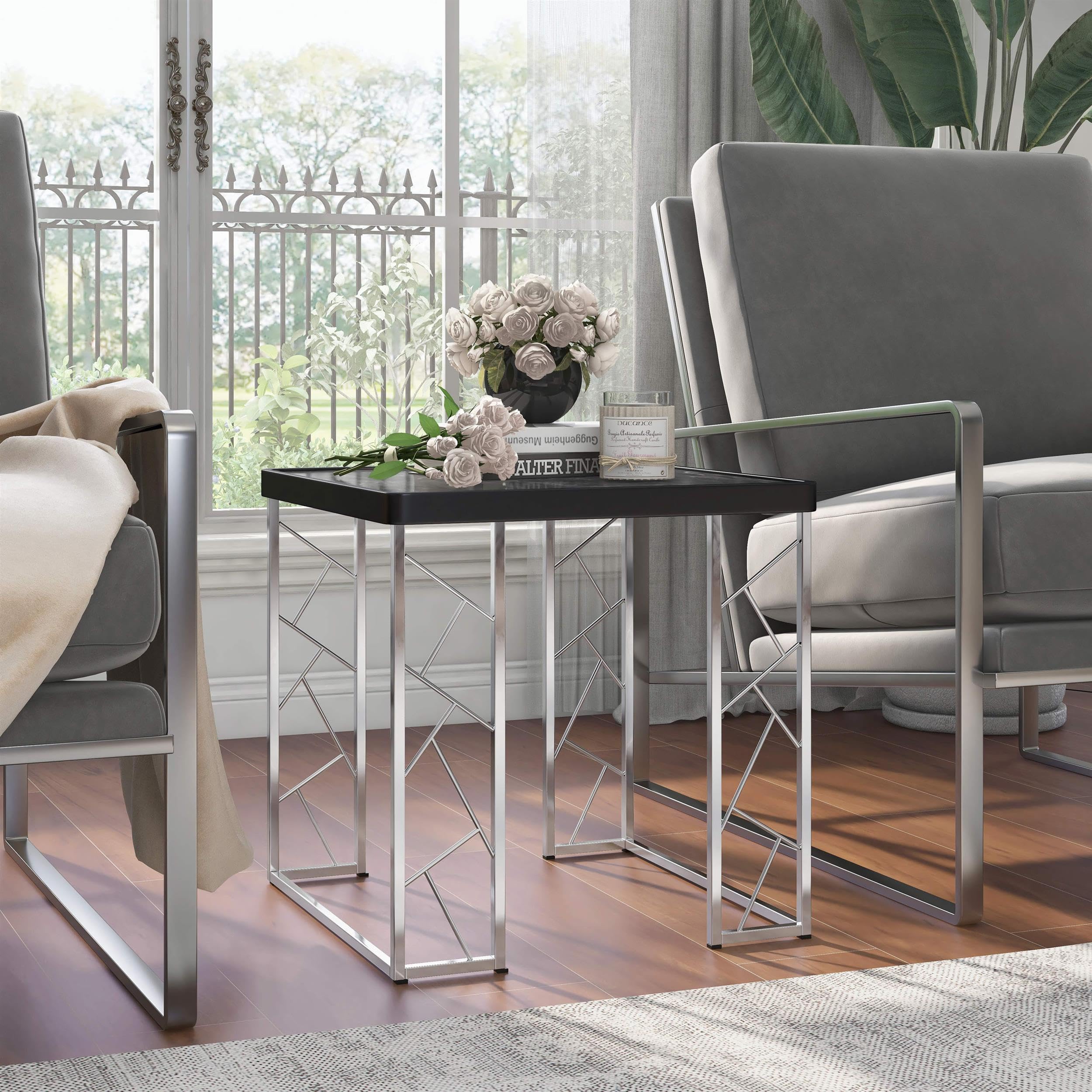Furniture of America Stefano Modern Metal End Table - Black & Chrome Finish | Stylish Nightstand for Living Room, Bedroom & Office