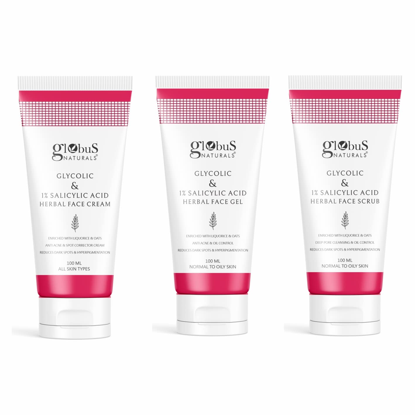 Globus Naturals Glycolic & 1% Salicylic Acid Anti-Acne Face Care Combo Set - 3-Piece Kit with Face Cream, Gel & Scrub for Clear Skin | Daily Acne Treatment & Exfoliation Routine